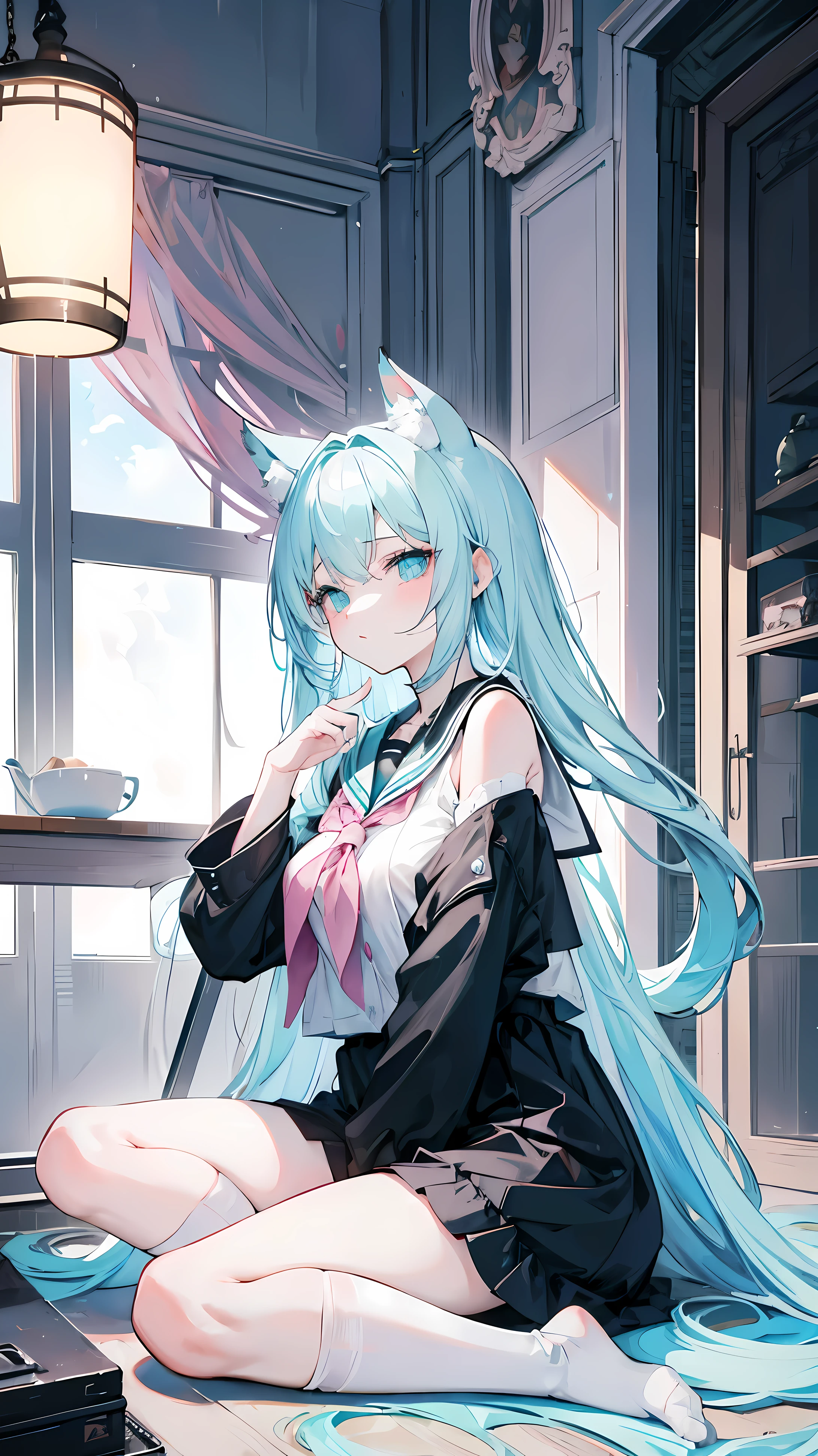 light pink hair,Light blue-green eyes,Black sailor suit,extraordinary student,Sit in the infirmary,white hand,black knee socks,a pair of white socks,Busty girl,laughter,guffaw