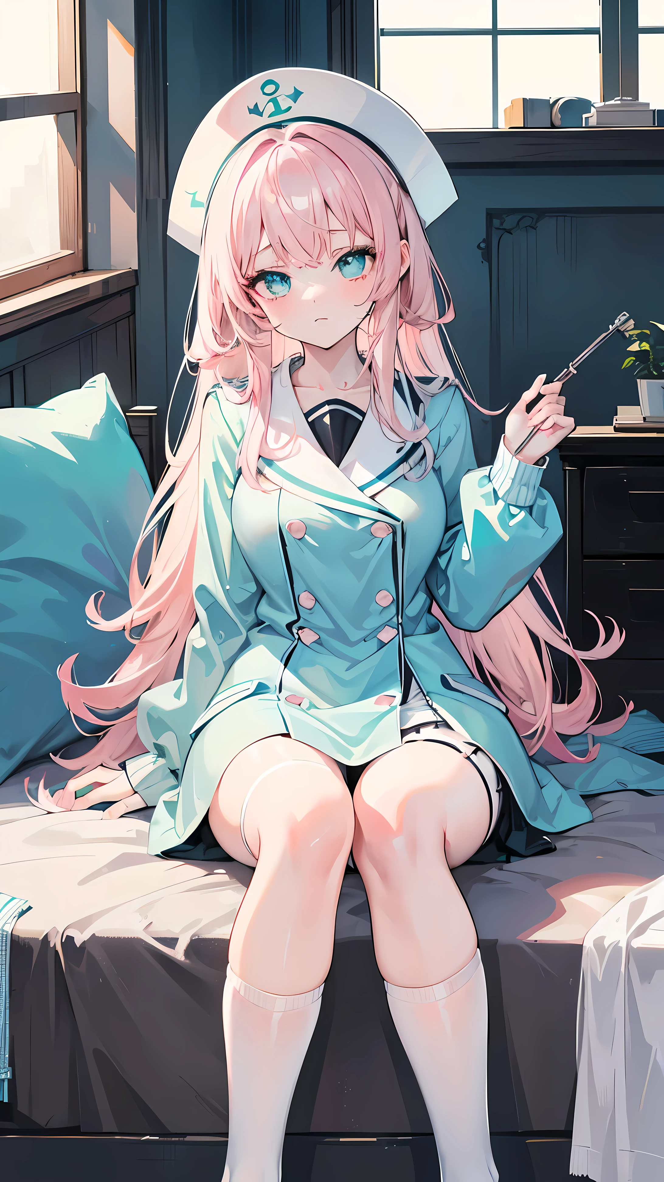 light pink hair,Light blue-green eyes,Black sailor suit,extraordinary student,Sit in the infirmary,white hand,black knee socks,a pair of white socks,Busty girl,laughter,guffaw,change your sitting posture