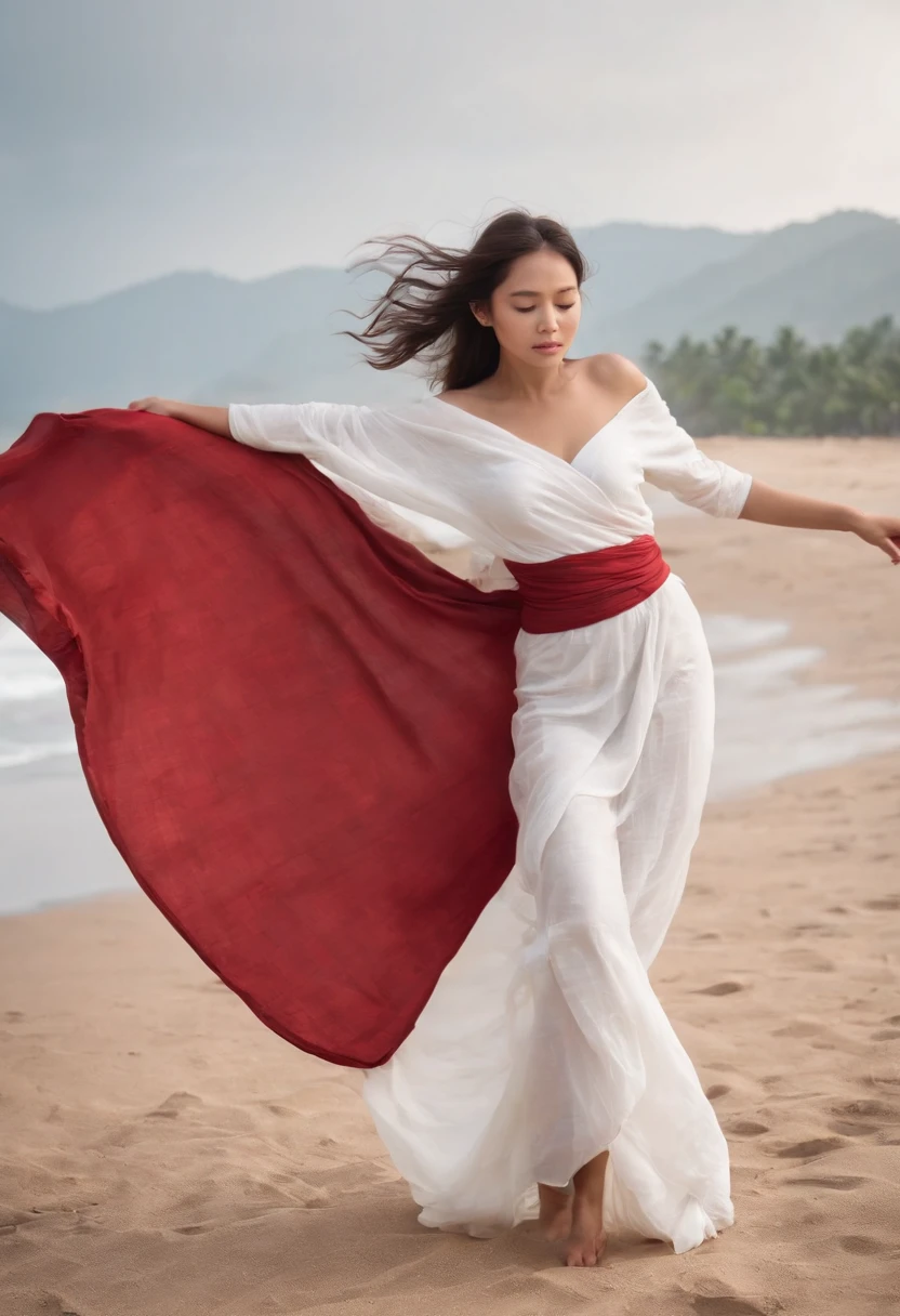 super wide angle shot, an Indonesian woman, super beautiful, 20 years old, she is wearing a white cloth, a long brown cloth with batik motif, dancing using a large red cloth property, sweating, the background is the beach, body is perfectly proportioned, sad face, pose contemporary dancing perfectly, Canon Eos 60D, 50mm fixed lens, hyper realistic, photorealistic, photography, full body, super HD 8K