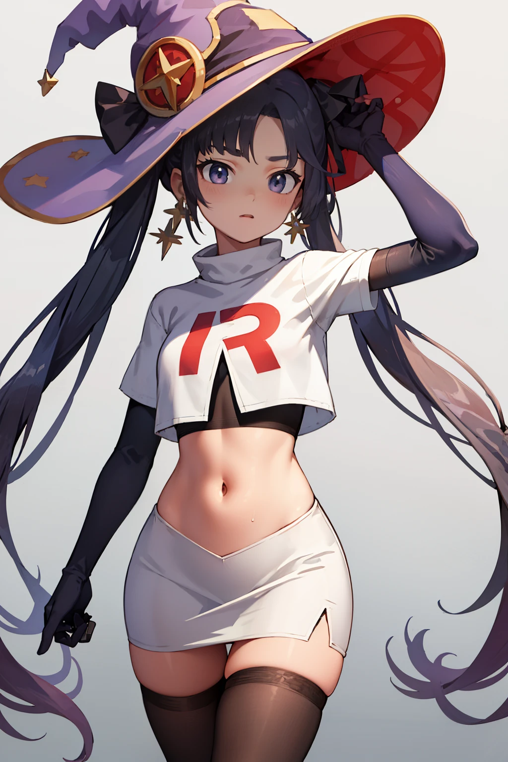((masterpiece,best quality)), team rocket,team rocket uniform, red letter R, white skirt,white crop top,black thigh-highs,black elbow gloves zettai ryouiki, aamona, long hair, twintails, hair ornament, black ribbon, earrings, witch hat, purple headwear, cowboy shot,