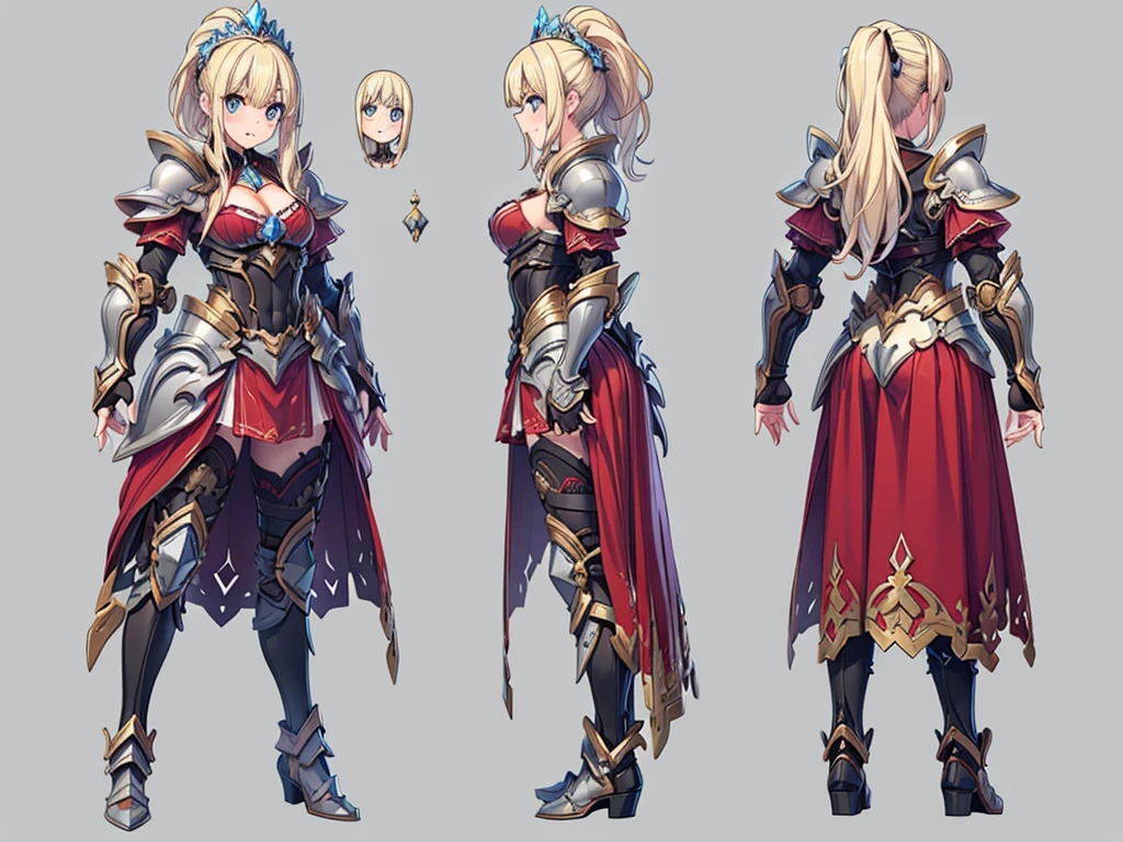 ((three-sided view, front view, side view, back view, multiple views, multiple poses and expressions, many parts)), concept art, character concept art, character sheet, Full body, illustration, (simple background, gray background), 1 character, 1girl, fantasy art, a female knight in metal armor, red_outfit, white_armor,cropped shoulders armor, plate armor, armor dress,gauntlets, Blonde hair,high ponytail,Blue eyes,ruby tiara,cleavage, thighs, thighhighs, weapon