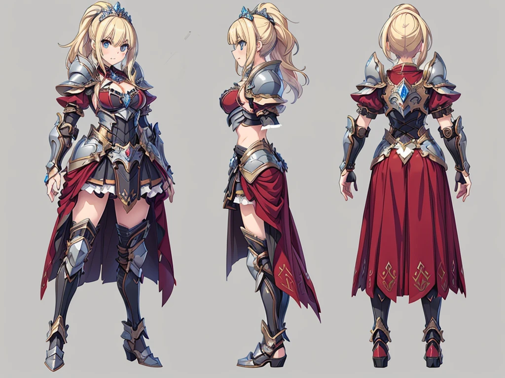 ((three-sided view, front view, side view, back view, multiple views, multiple poses and expressions, many parts)), concept art, character concept art, character sheet, Full body, illustration, (simple background, gray background), 1 character, 1girl, fantasy art, a female knight in metal armor, red_outfit, white_armor,cropped shoulders armor, plate armor, armor dress,gauntlets, Blonde hair,high ponytail,Blue eyes,ruby tiara,cleavage, thighs, thighhighs, weapon