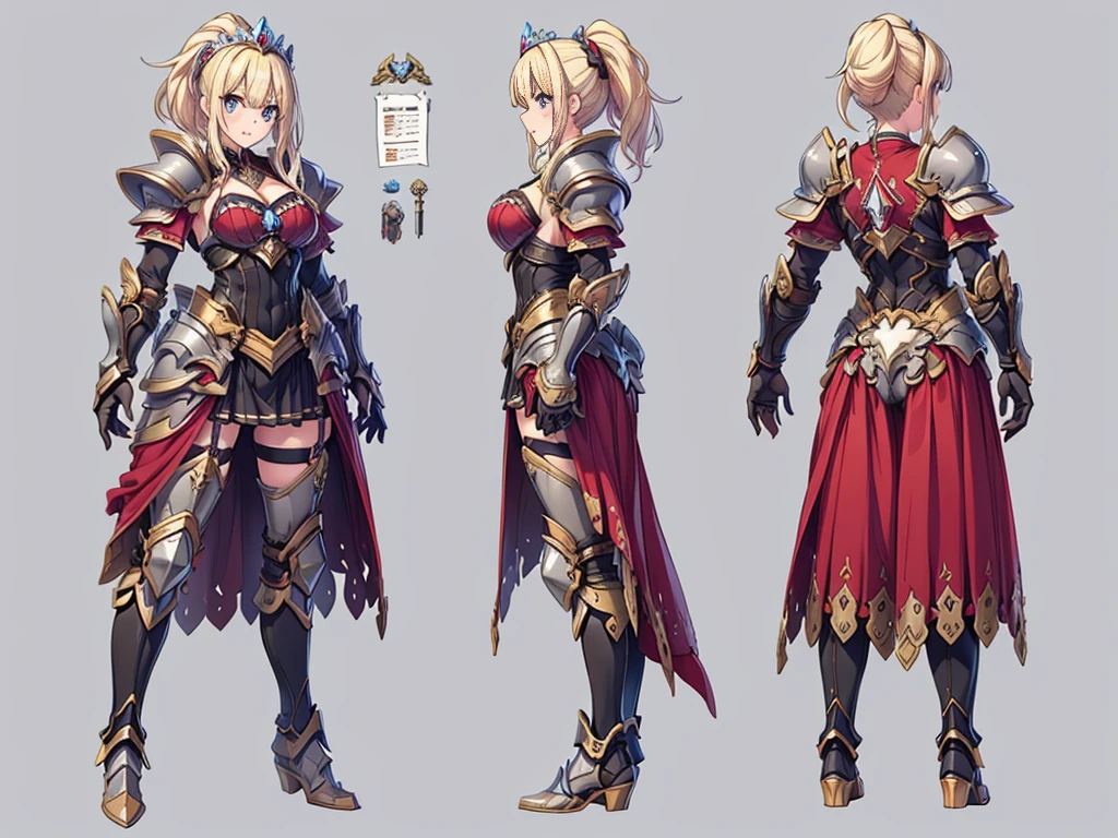 ((three-sided view, front view, side view, back view, multiple views, multiple poses and expressions, many parts)), concept art, character concept art, character sheet, Full body, illustration, (simple background, gray background), 1 character, 1girl, fantasy art, a female knight in metal armor, red_outfit, white_armor,cropped shoulders armor, plate armor, armor dress,gauntlets, Blonde hair,high ponytail,Blue eyes,ruby tiara,cleavage, thighs, thighhighs, weapon