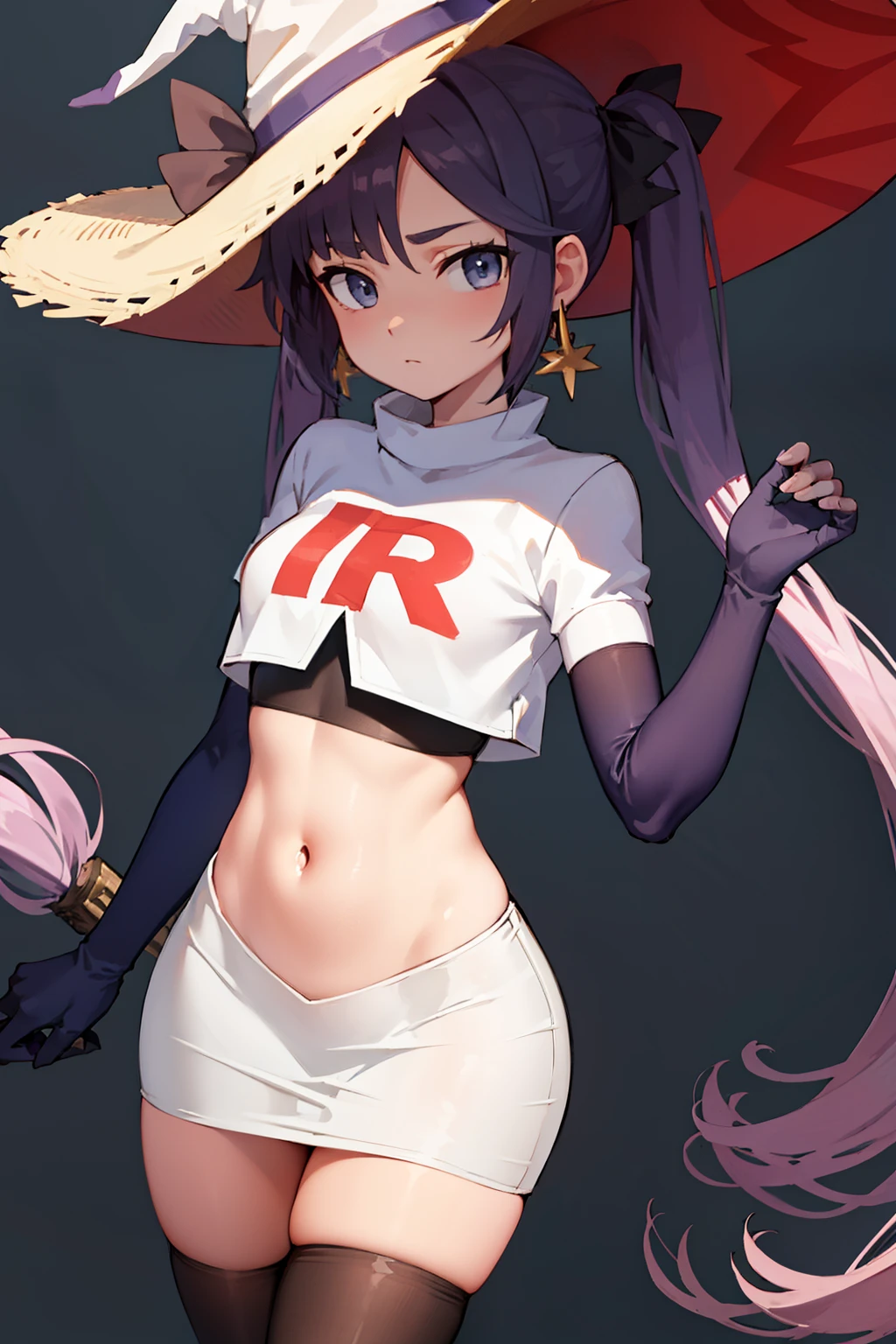((masterpiece,best quality)), team rocket,team rocket uniform, red letter R, white skirt,white crop top,black thigh-highs,black elbow gloves zettai ryouiki, aamona, long hair, twintails, hair ornament, black ribbon, earrings, witch hat, purple headwear, cowboy shot,