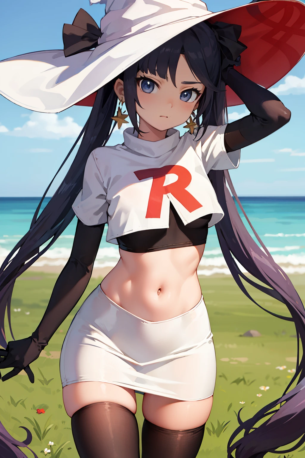 ((masterpiece,best quality)), team rocket,team rocket uniform, red letter R, white skirt,white crop top,black thigh-highs,black elbow gloves zettai ryouiki, aamona, long hair, twintails, hair ornament, black ribbon, earrings, witch hat, purple headwear, cowboy shot,