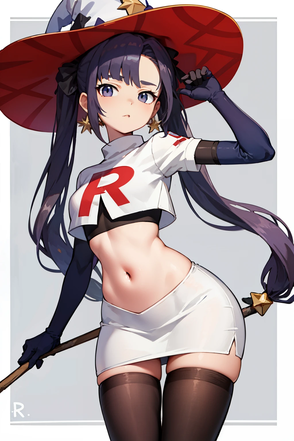 ((masterpiece,best quality)), team rocket,team rocket uniform, red letter R, white skirt,white crop top,black thigh-highs,black elbow gloves zettai ryouiki, aamona, long hair, twintails, hair ornament, black ribbon, earrings, witch hat, purple headwear, cowboy shot,