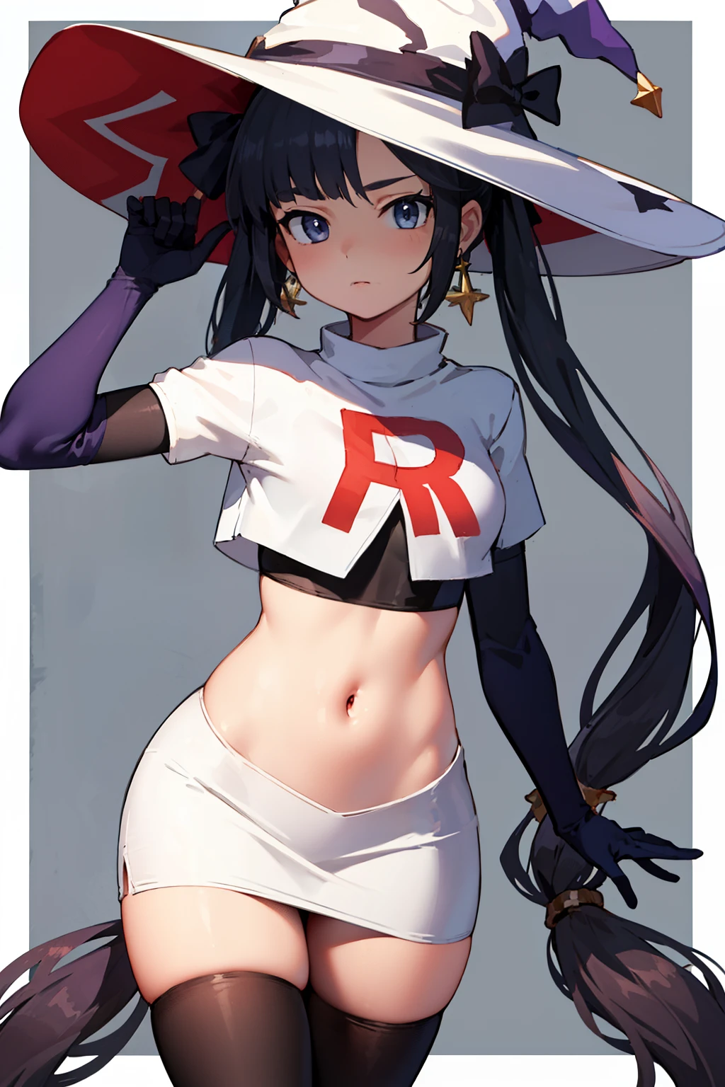 ((masterpiece,best quality)), team rocket,team rocket uniform, red letter R, white skirt,white crop top,black thigh-highs,black elbow gloves zettai ryouiki, aamona, long hair, twintails, hair ornament, black ribbon, earrings, witch hat, purple headwear, cowboy shot,