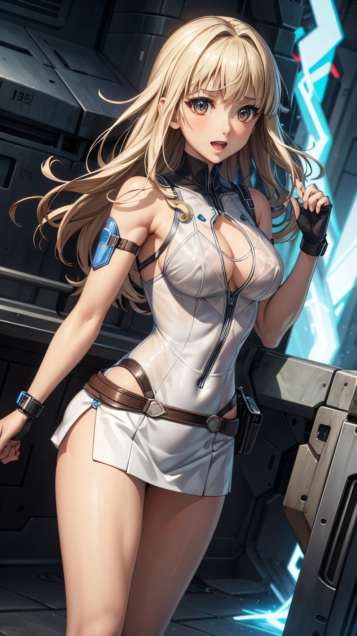 woman,20-year-old,,city,night,((white tight miniskirt bodysuit)),(Harada Makoto),open mouth smile,(((See-through))),((blonde)),long hair