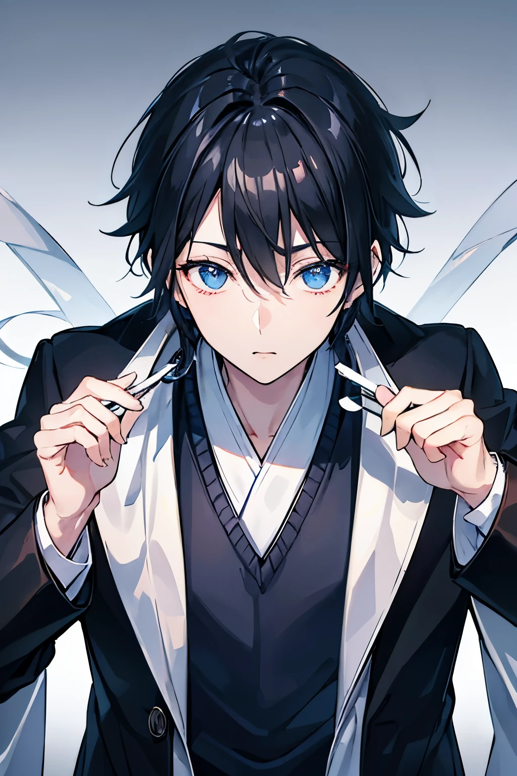 male black hair blue eyes sweater Check slacks vest coat sit sky at dawn Japanese-style house plush furnishings 机にsit draw letters masterpiece Highest image quality noise removal clear parts cinematic shadow Increased attractiveness of the eyes clear parts the shine of the eyes Draw eyelashes neatly perfect eyes detailed eyes Sharpen image quality Sharpen eye writing clear parts eye shape