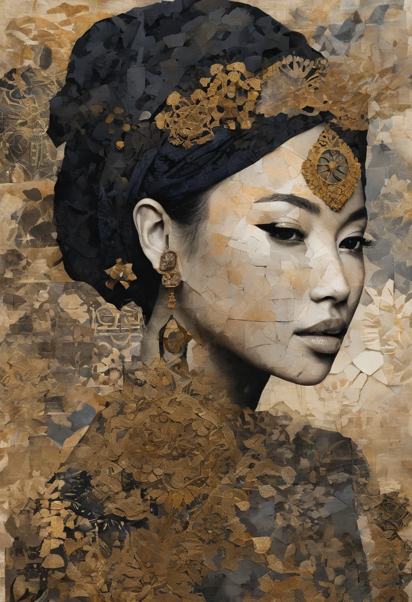 a malay woman is covered with tiny people with various acting in black, in the style of detailed atmospheric portraits, indigo and bronze, made of all of the above, social media portraiture, intricately textured, fragmented, emotive expressions,