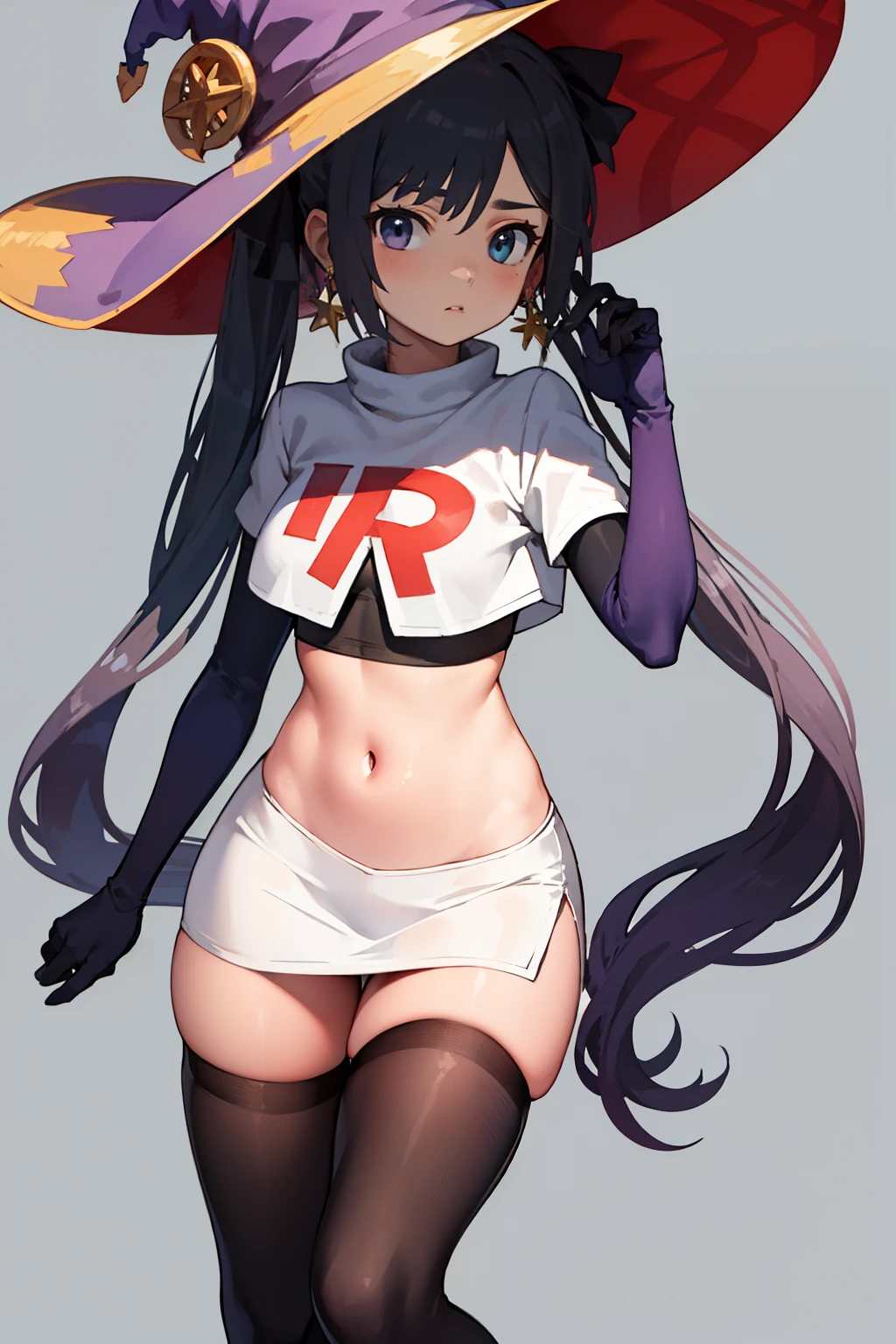 ((masterpiece,best quality)), team rocket,team rocket uniform, red letter R, white skirt,white crop top,black thigh-highs,black elbow gloves zettai ryouiki, aamona, long hair, twintails, hair ornament, black ribbon, earrings, witch hat, purple headwear, cowboy shot,