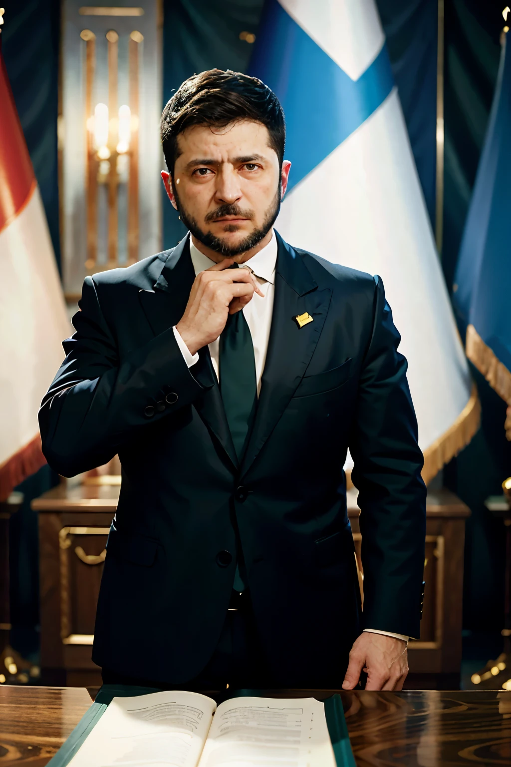 with a beard, wearing a suit, giving a speech at a presidential inauguration. He is standing behind a podium, with flags of the country waving in the background. The stage is decorated with flowers and the atmosphere is filled with excitement and anticipation. The audience consists of dignitaries, government officials, and cheering supporters. The lighting in the room is bright, highlighting the momentous occasion. The scene is captured in a realistic and detailed style, with vibrant colors and sharp focus. The image quality is of the highest standard, with ultra-detailed features and a photorealistic touch. The art style is a mix of portraiture and event photography, capturing both the essence of the subject and the energy of the moment. The color palette is dignified, with subtle variations of blues, reds, and whites, representing the national colors. The composition of the image emphasizes the importance of the main subject, with strong lines leading the viewer's eyes towards the figure of Zelenskyy. Overall, the prompt aims to create a powerful and impactful image that conveys the significance of this historical event.