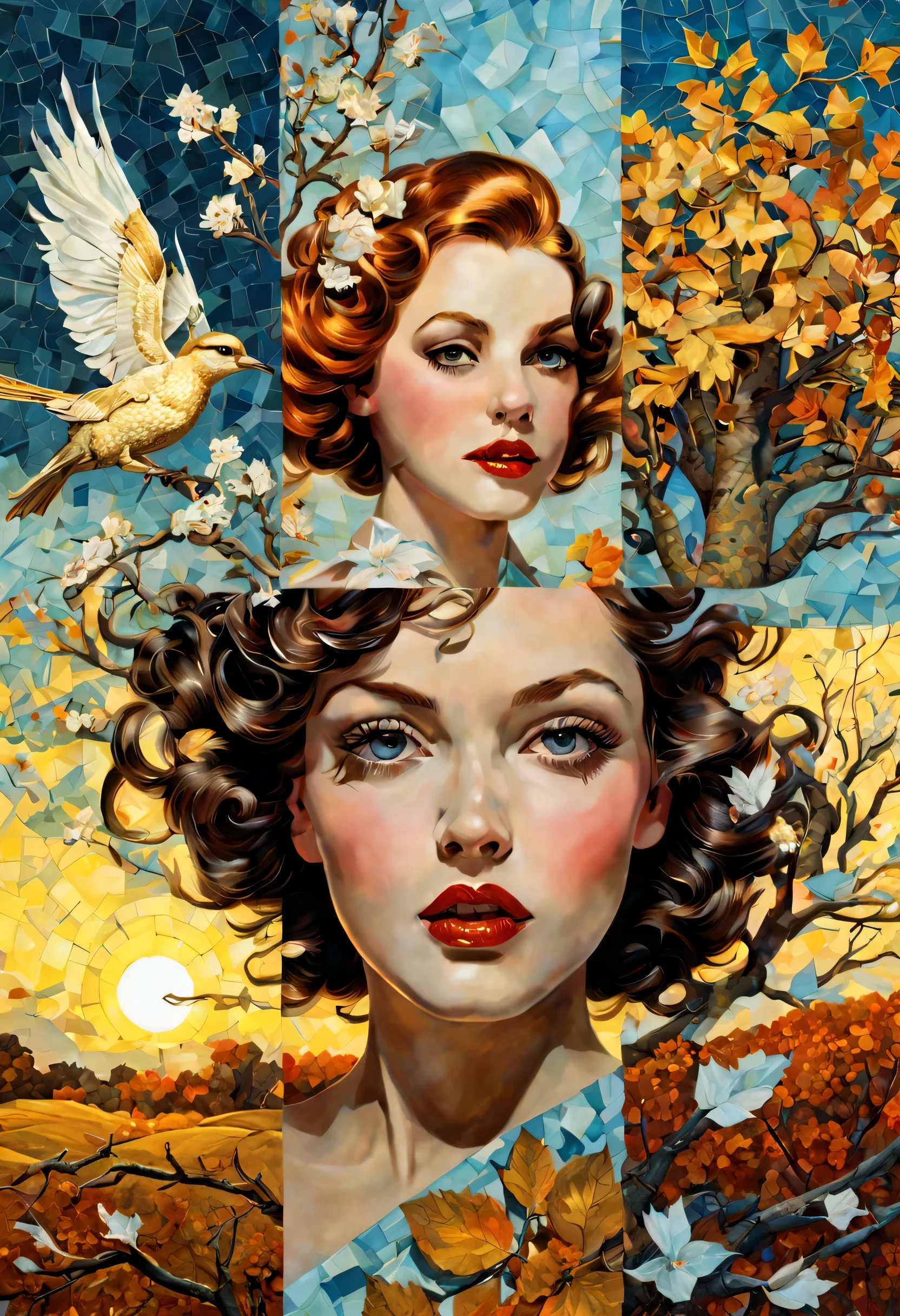 pop art, surrealism, mixed media collage , airy, windy, glamour, art divided in 4 various separate panels, 4 multipanels, all seasons transformation pin-up vintage , , fairytale , comic style, epic dynamic poster, , close up transparent detailed half girl half tree close centered portrait , four seasonal,, winter hoarfrost, spring blossoming flower, summer fields sunset, autumn leaves, birds flying out ,dynamic intricated pose, close portrait light on face, shadow play, perfect faces, sharp glowing eyes , , by Gil Elvgren, J.C. Leyendecker, Dean Cornwell, Norman Rockwell, patchwork, mosaic, storybook illustration, highly detailed unusual beautiful details, intricated, intricated pose, tiny details masterpiece, high quality, intricated lighting, luminism