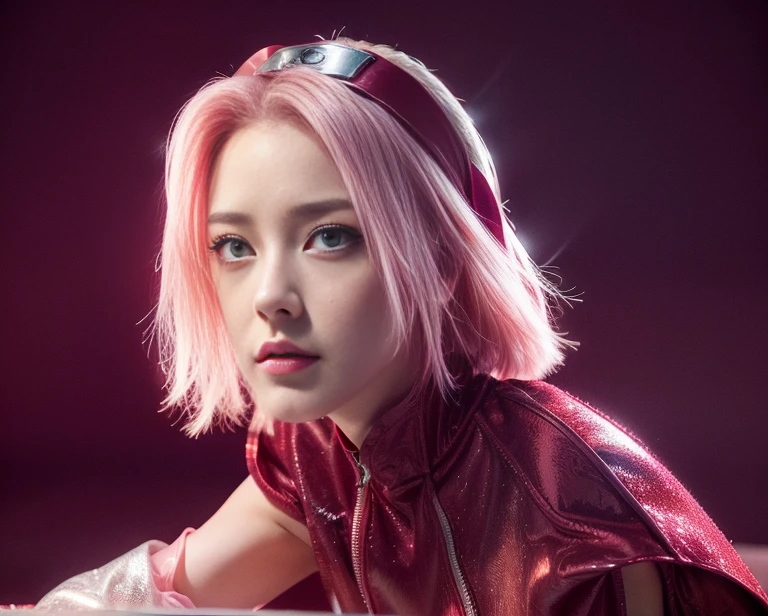 young woman, porcelain skin, short bubblegum pink hair, wide forehead, thin pink eyebrows, big emerald green eyes, buttoned nose, big peach lips, heart-shaped face, long thin neck, red clothes, bare shoulders, Sakura Haruno, realism, 3d