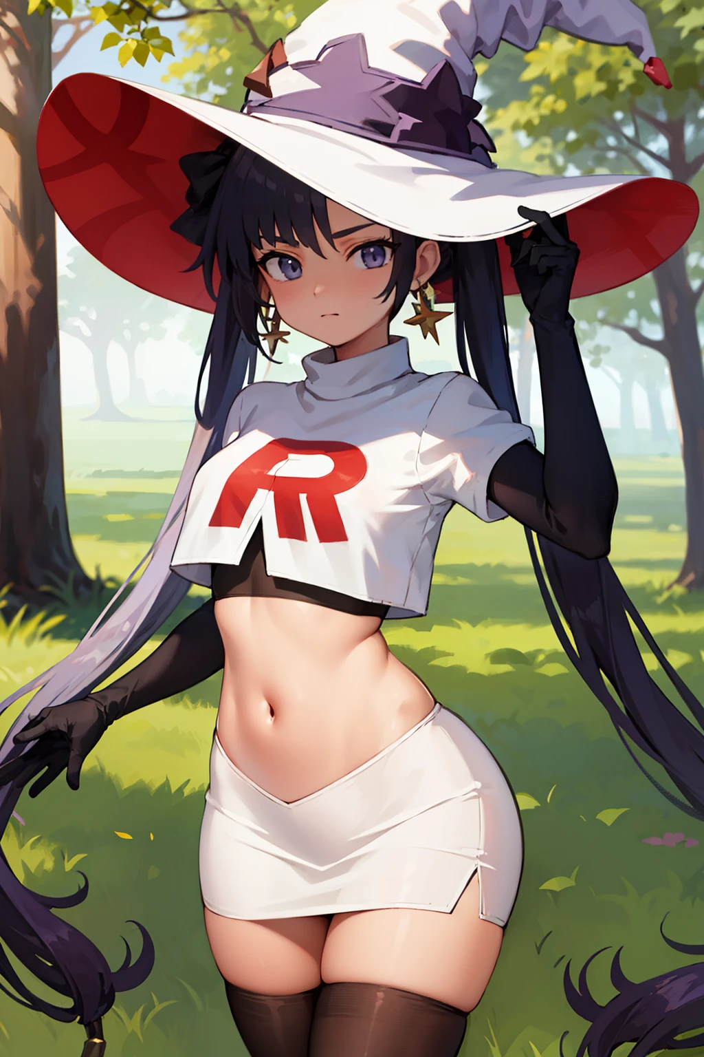 ((masterpiece,best quality)), team rocket,team rocket uniform, red letter R, white skirt,white crop top,black thigh-highs,black elbow gloves zettai ryouiki, aamona, long hair, twintails, hair ornament, black ribbon, earrings, witch hat, purple headwear, cowboy shot,