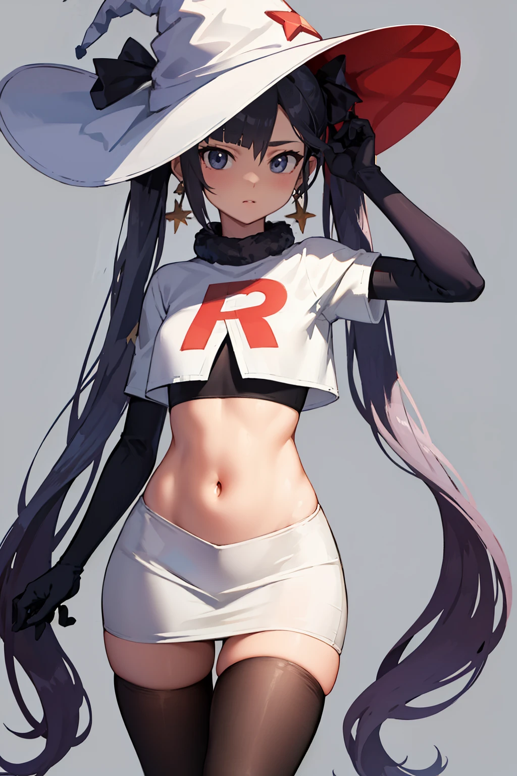 ((masterpiece,best quality)), team rocket,team rocket uniform, red letter R, white skirt,white crop top,black thigh-highs,black elbow gloves zettai ryouiki, aamona, long hair, twintails, hair ornament, black ribbon, earrings, witch hat, purple headwear, cowboy shot,