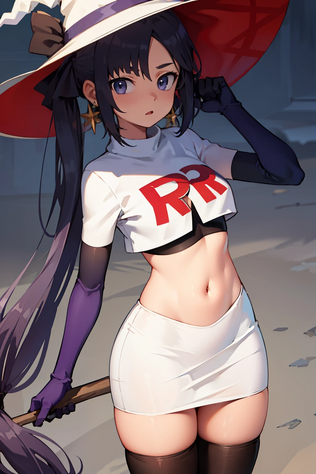 ((masterpiece,best quality)), team rocket,team rocket uniform, red letter R, white skirt,white crop top,black thigh-highs,black elbow gloves zettai ryouiki, aamona, long hair, twintails, hair ornament, black ribbon, earrings, witch hat, purple headwear, cowboy shot,