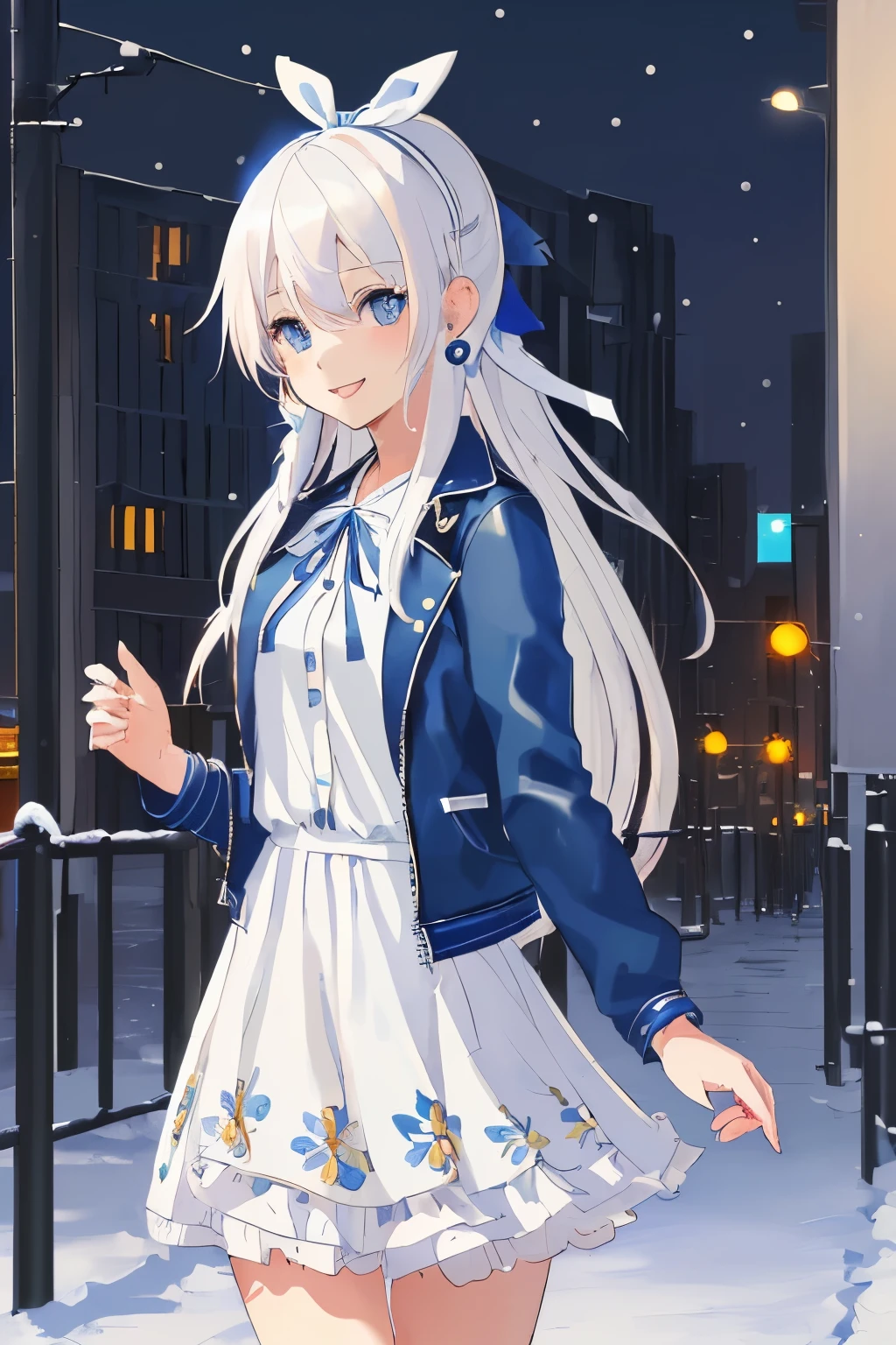 Chica anime, ((Masterpiece), top-quality, Top image quality, ((((solo)))), ((((white hair)))), long hair, ((((blue hairribbon)))), Beautiful blue eyes, Shining eyes, smile, s girl, 18yo, cute, leather jacket , floral onepiece, earrings, sunset, city, snow, winter, 8k