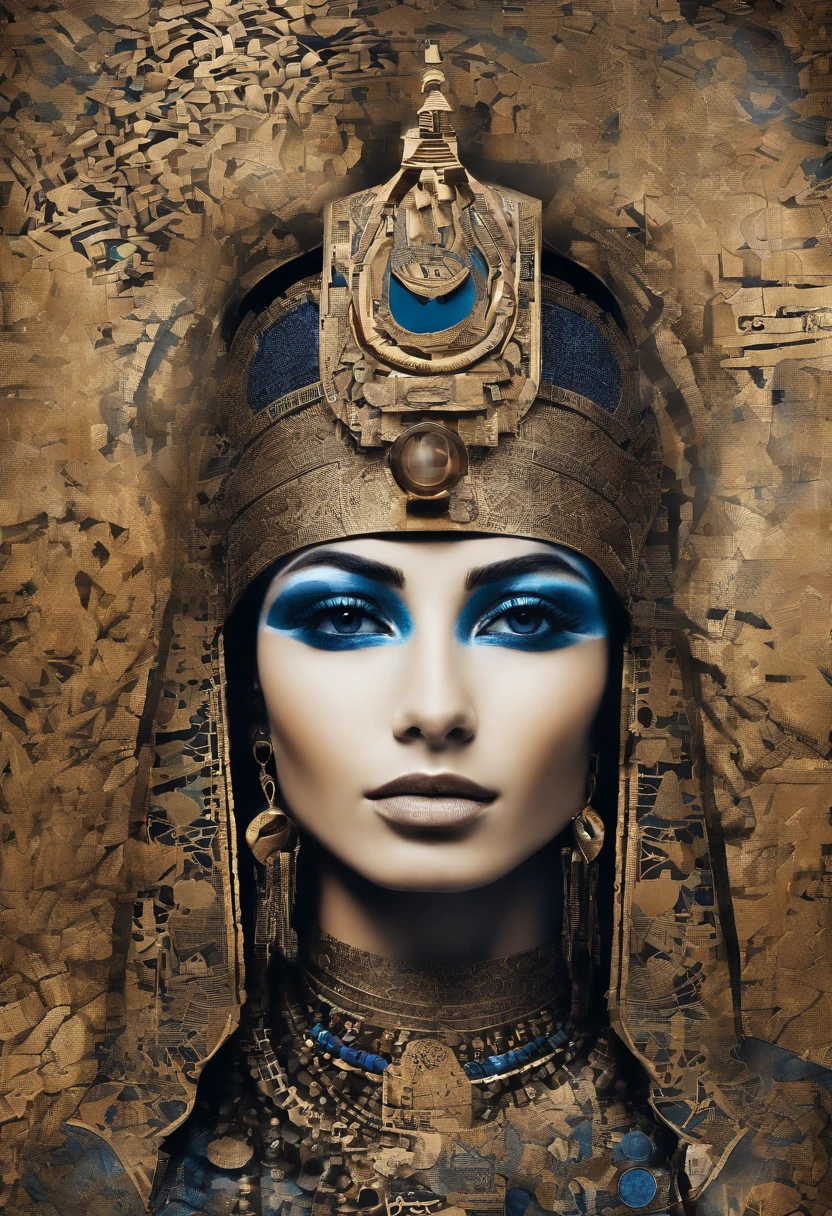 a egyptian woman is covered with tiny people with various acting in black, in the style of detailed atmospheric portraits, indigo and bronze, made of all of the above, social media portraiture, intricately textured, fragmented, emotive expressions,