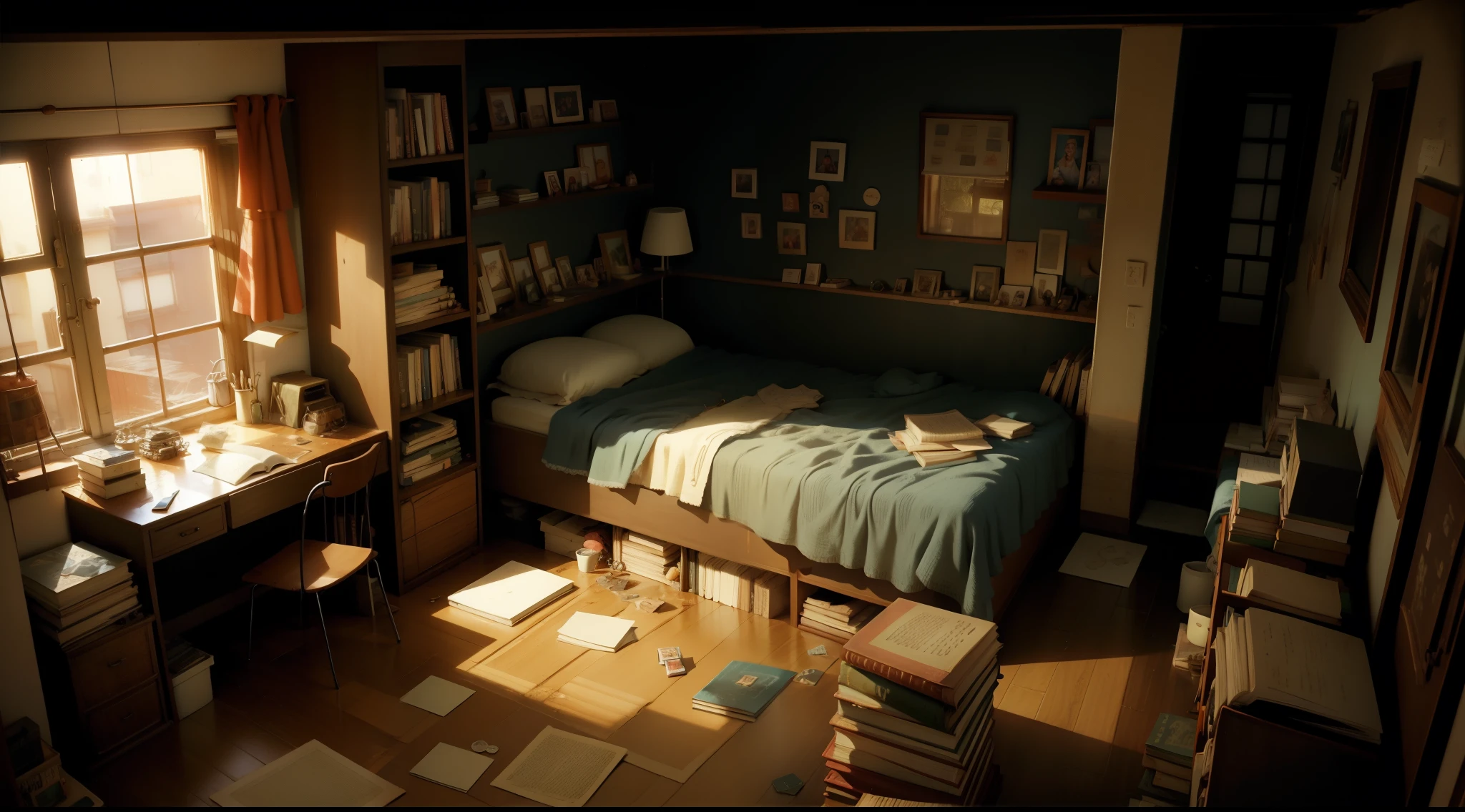 garoto lofi, messy bedroom,livros,canetas,gato