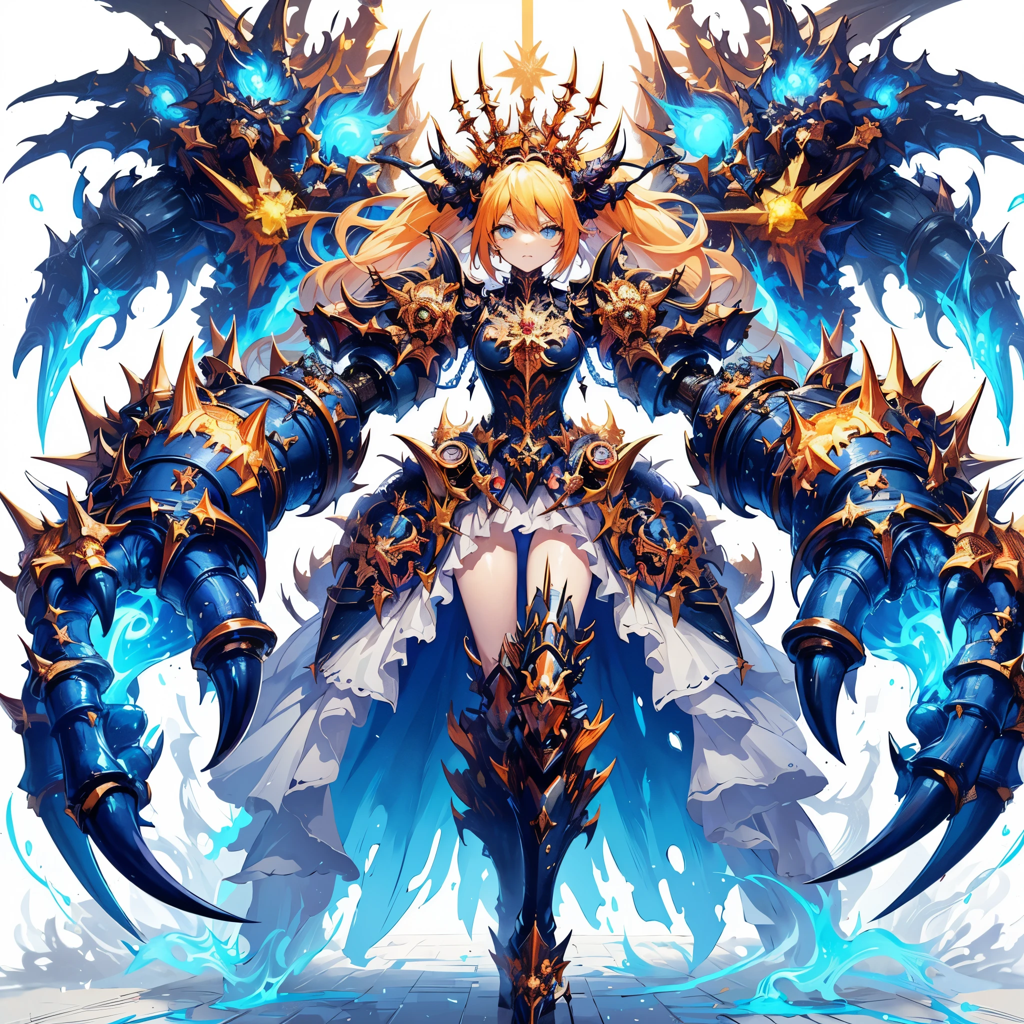 A woman with a large blue and gold armor holding a sword - SeaArt AI