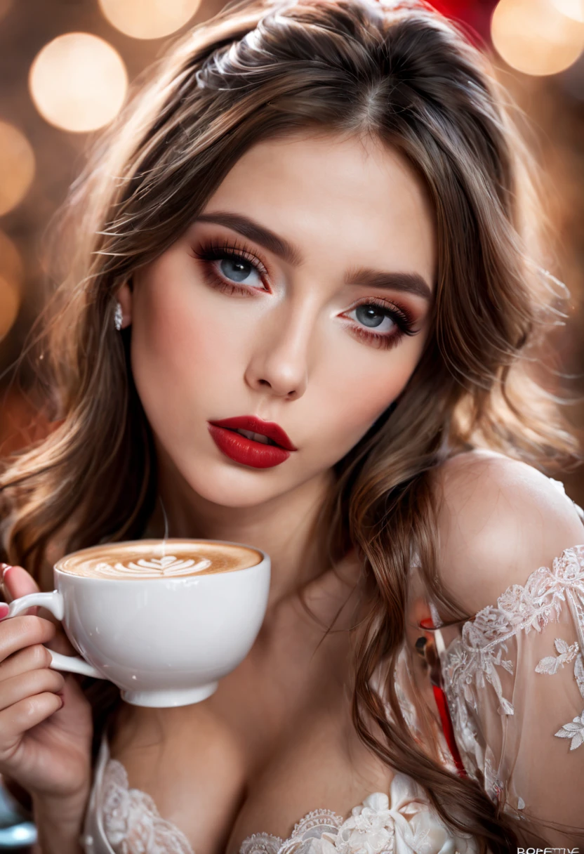 (best quality,4k,highres,masterpiece:1.2),ultra-detailed,realistic,portrait,soft lighting,beautiful detailed eyes,beautiful detailed lips,latte art,detailed hairstyle,bright colorful background,longeyelashes,smoky eyes,subtle blush,red lipstick,sensual expression,hand holding a cup of coffee,happiness,erotica,fine art photography,bokeh,delicate jewelry,natural beauty,serene atmosphere,pleasure,sexy,desire,warm tones intense,clean background,,perspective view,perfect composition,stylish,postures,eye-catching,gorgeous,colorful,creative,lace lingerie,bold and confident.