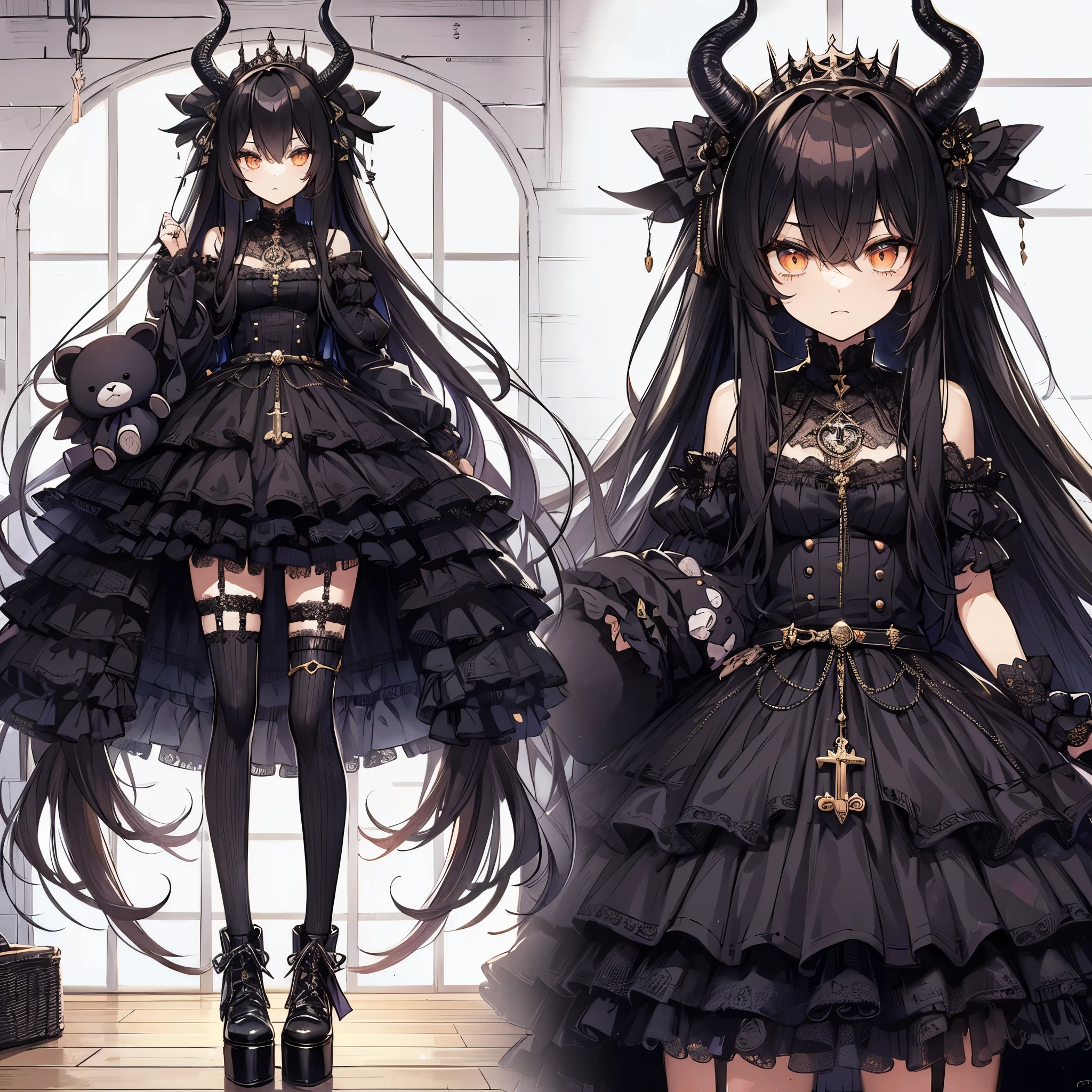 (Masterpiece, best quality), (perfect athlete body: 1.2), (detailed hair), ultra-detailed, anime style, full body of gothic girl in black gothic Lolita dress, with big horns, long black hair, golden eyes, dressed in black, holding a stuffed animal, wearing raised shoes, digital painting, 8k high resolution, trending art station, white background, whole body, standing in western style house.