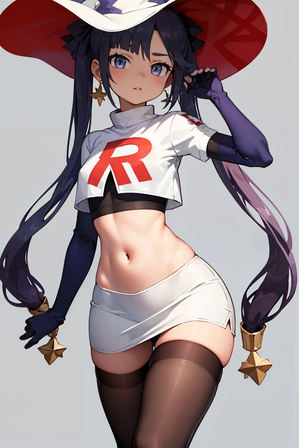 ((masterpiece,best quality)), team rocket,team rocket uniform, red letter R, white skirt,white crop top,black thigh-highs,black elbow gloves zettai ryouiki, aamona, long hair, twintails, hair ornament, black ribbon, earrings, witch hat, purple headwear, cowboy shot,