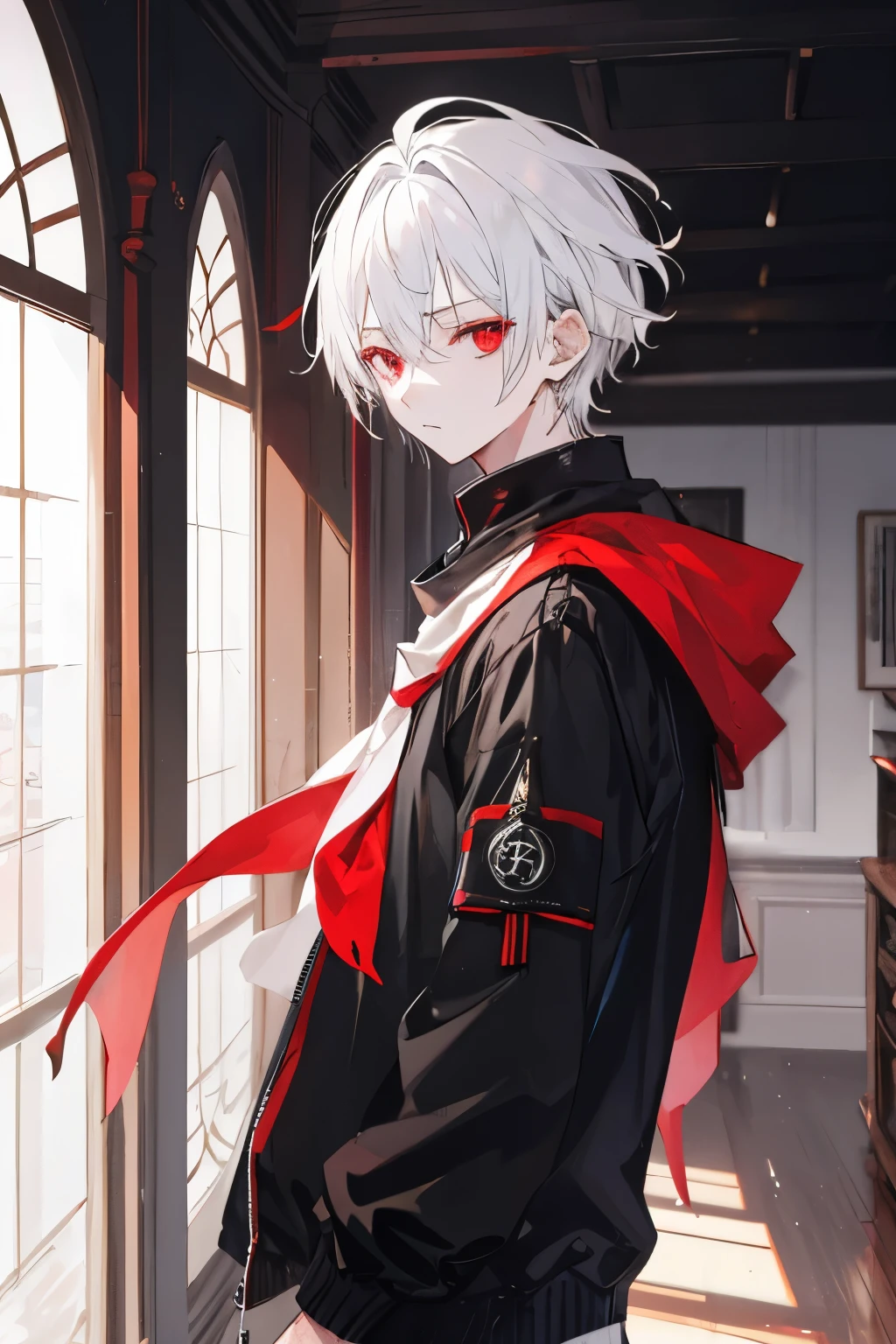 1 boy,white hair,red eyes, in a room, clothes black, bandana