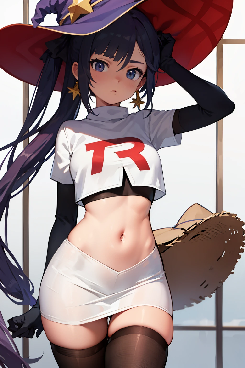 ((masterpiece,best quality)), team rocket,team rocket uniform, red letter R, white skirt,white crop top,black thigh-highs,black elbow gloves zettai ryouiki, aamona, long hair, twintails, hair ornament, black ribbon, earrings, witch hat, purple headwear, cowboy shot,