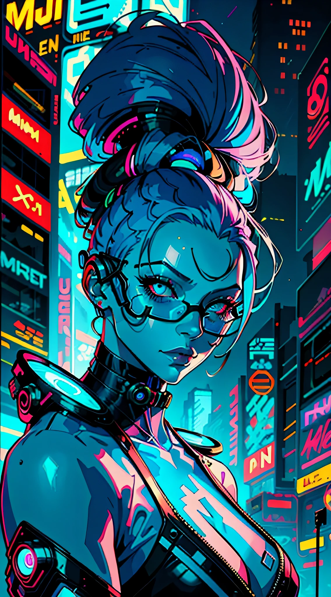 a digital painting of a woman with blue hair, cyberpunk art by Josan Gonzalez, behance contest winner, afrofuturism, synthwave, neon, glowing neon