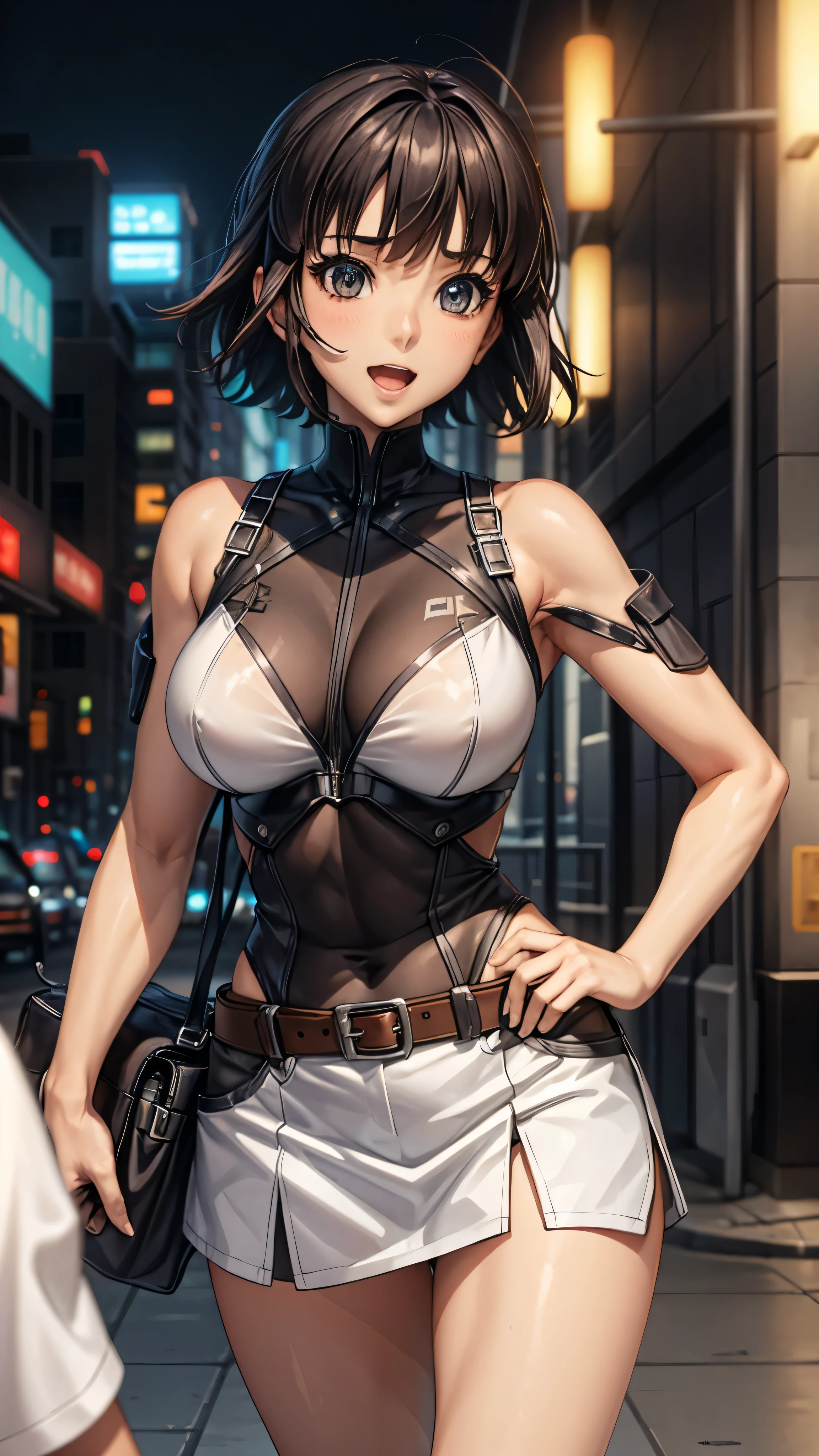 A woman with long black hair and a woman with short blonde hair,20-year-old,,city,night,white tight miniskirt bodysuit,(Harada Makoto),open mouth smile((See-through)),