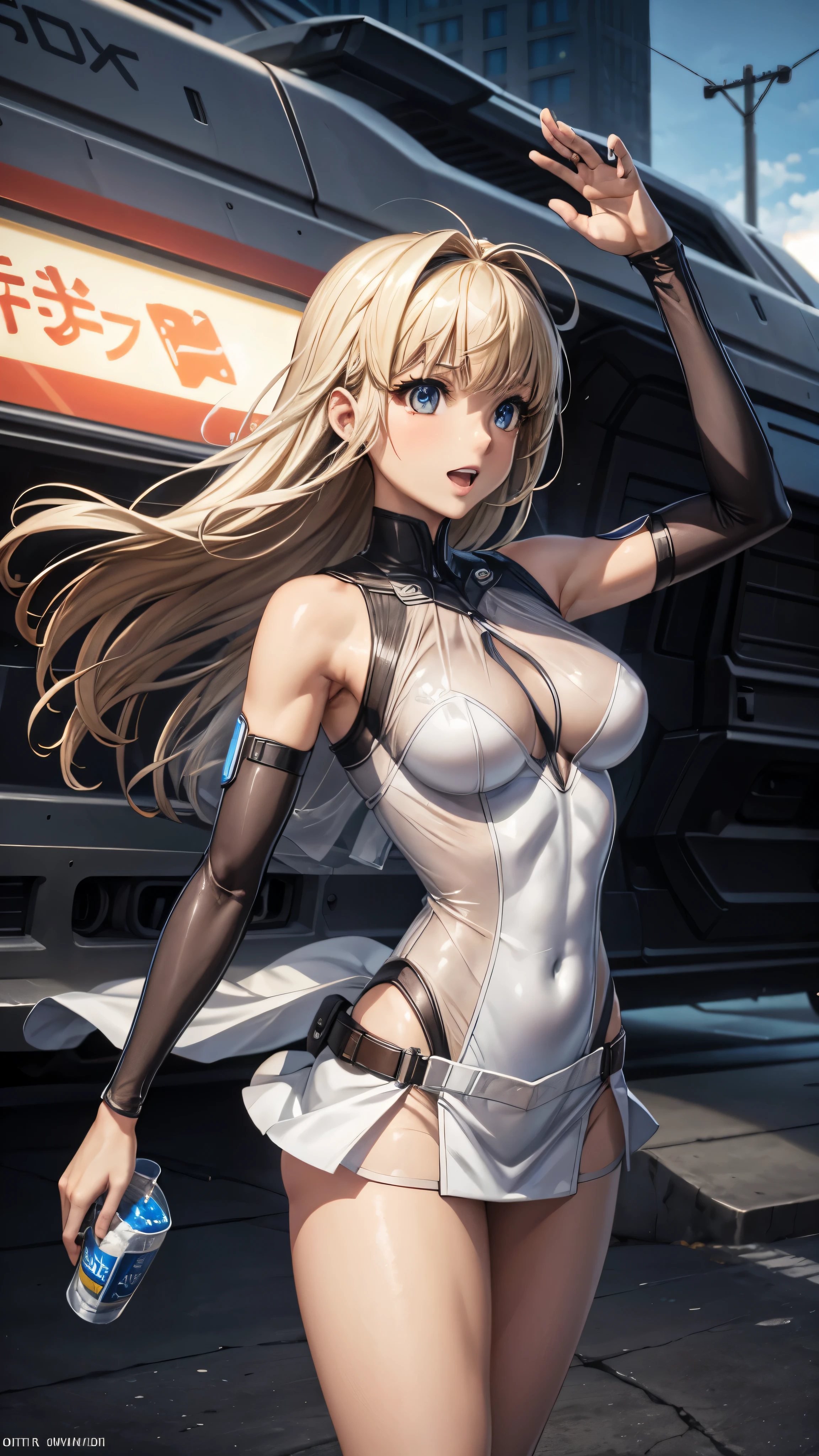 woman,20-year-old,,city,night,((white tight miniskirt bodysuit)),(Harada Makoto),open mouth smile,(((See-through))),((blonde)),long hair