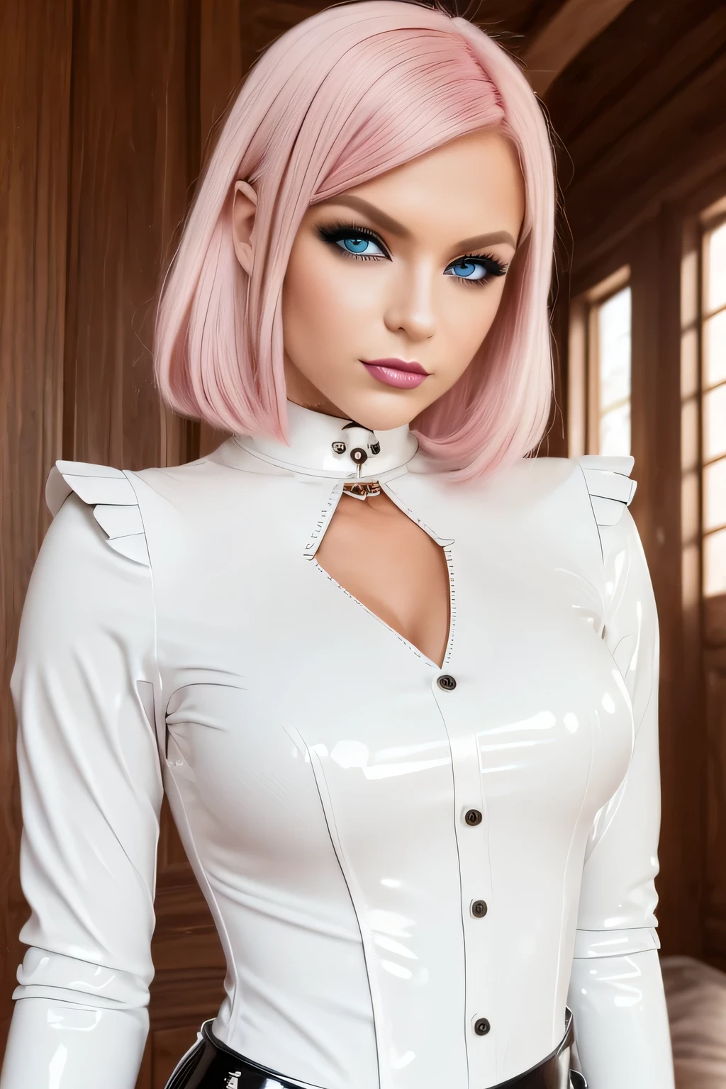 (((Meisterwerk))) blond girl with short Haar in (((dressed in a white latex blouse, Latex blouse buttoned, Spionageblick, pinkes and white latex, white latex))) , ein Foto von Allan Linder, Flickr, Pop-Art, Latex Retro-Mode der 60er Jahre, blond, sexy Pose, vollbusig, beautiful sexy look, sweet Lips, rote Lippen, Doppelte, umrandete Augen, Rock&#39;n&#39;Roll-Make-up, Lustvoller Blick, Sexy Augen, lebendige Farben, Sonne vor einer Villa,