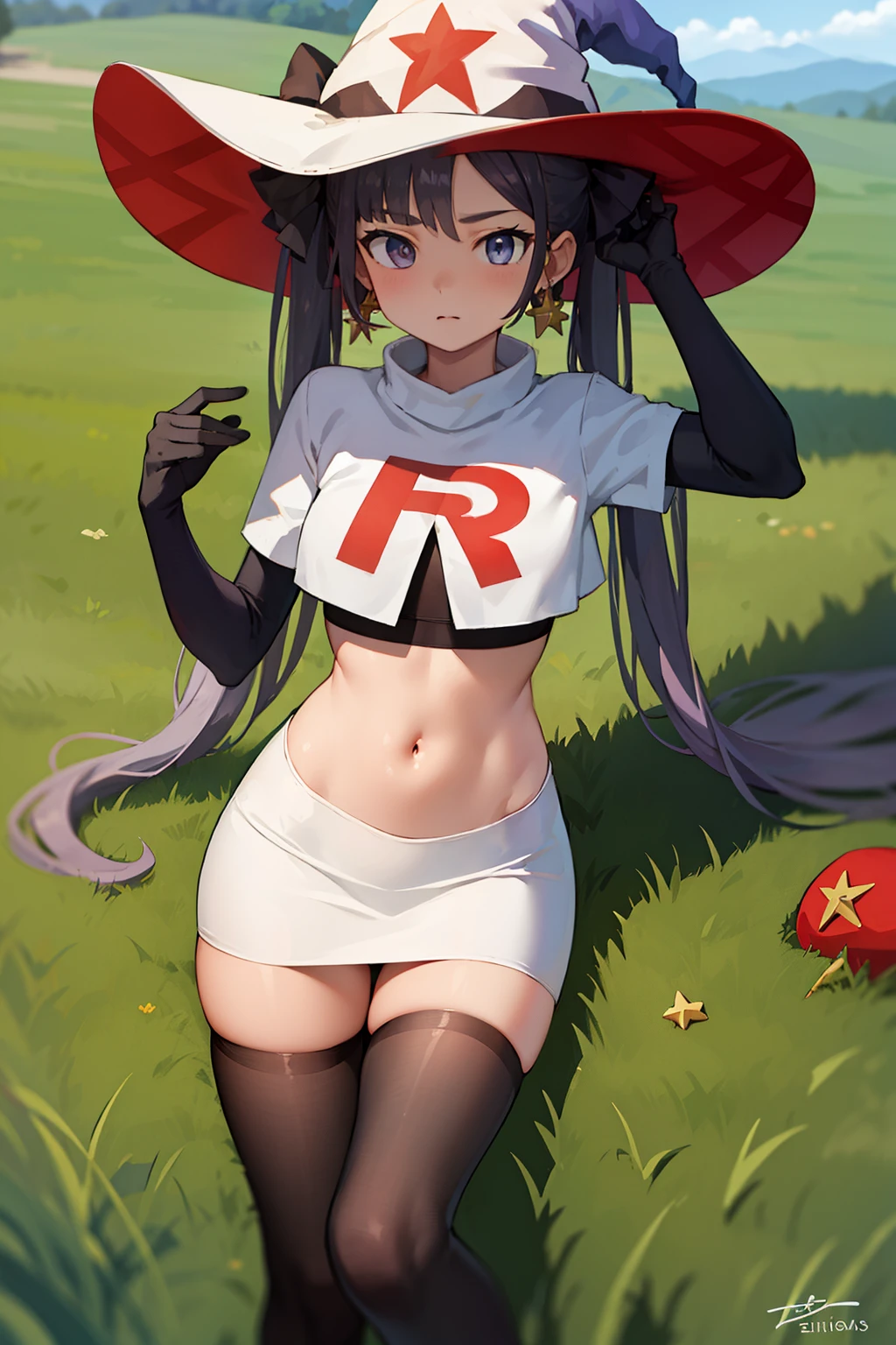 ((masterpiece,best quality)), team rocket,team rocket uniform, red letter R, white skirt,white crop top,black thigh-highs,black elbow gloves zettai ryouiki, aamona, long hair, twintails, hair ornament, black ribbon, earrings, witch hat, purple headwear, cowboy shot,