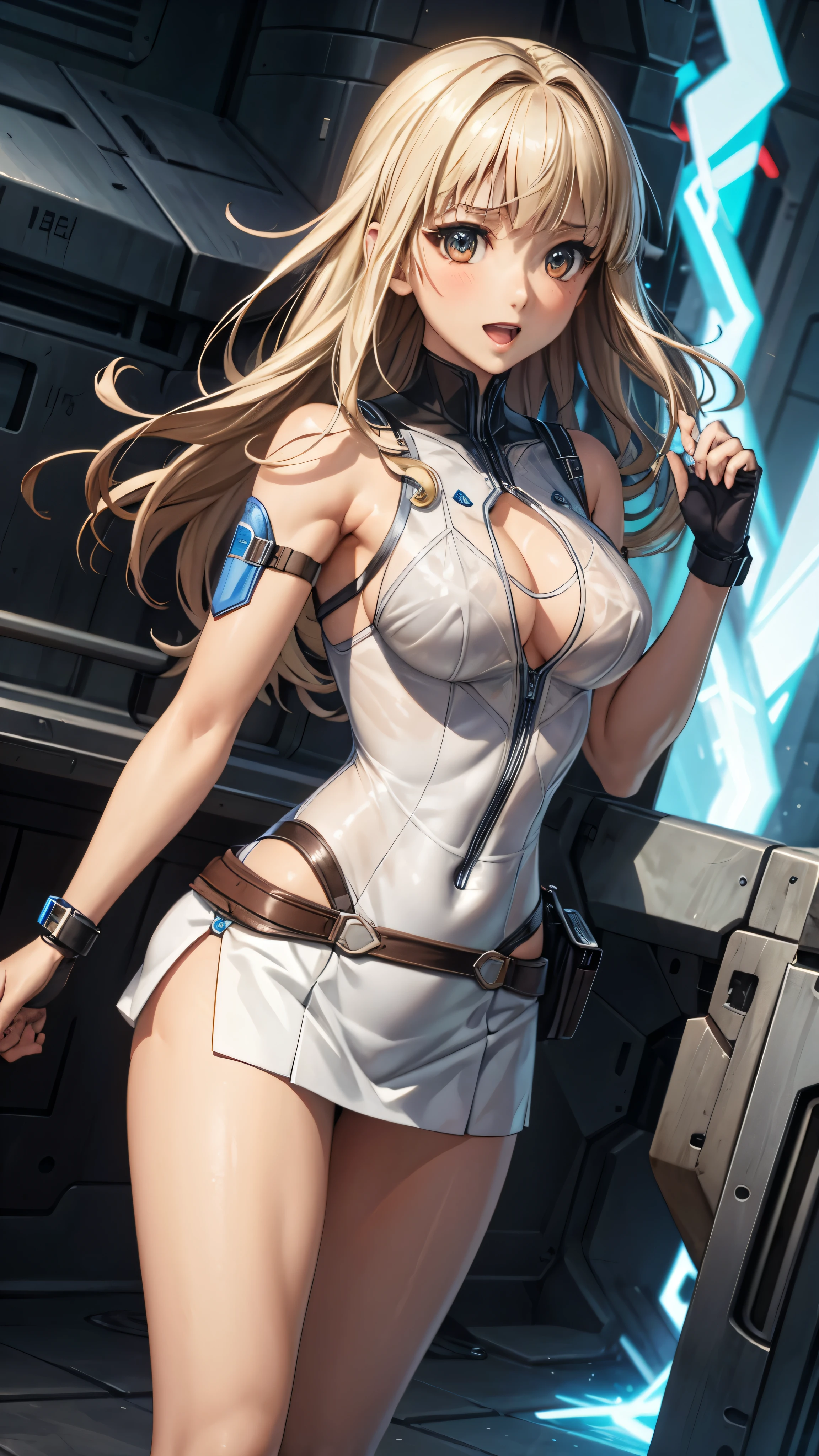 woman,20-year-old,,city,night,((white tight miniskirt bodysuit)),(Harada Makoto),open mouth smile,(((See-through))),((blonde)),long hair