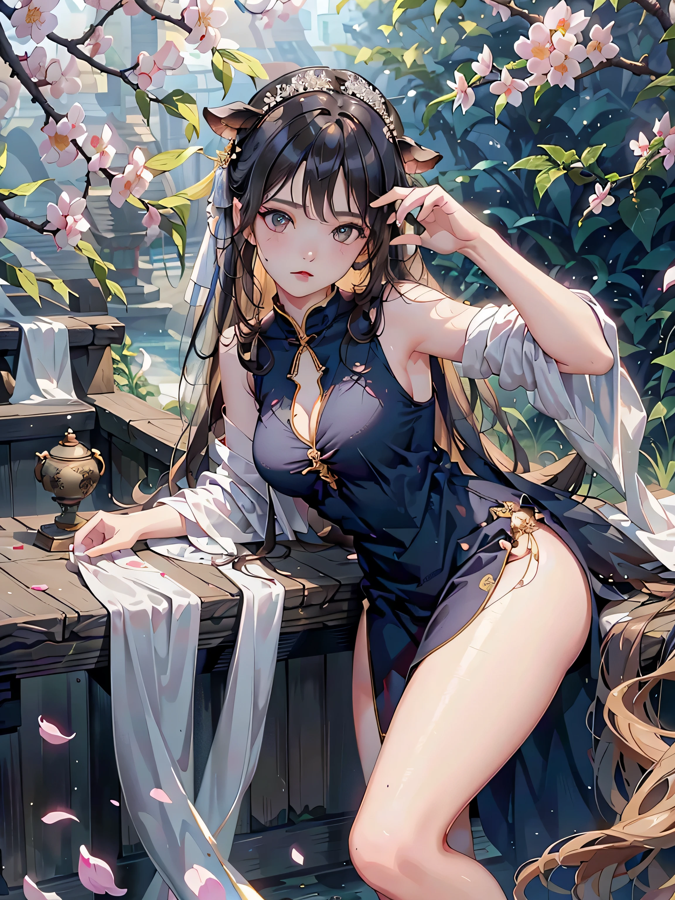 (high resolution:1.7),
(masterpiece:1.5),

(one Japanese woman:1.4),
(beautiful sparkling eyes:1.8),

(long black hair:1.5),
earring,

breast,
(sit down:1.5),
(panty:1.3),
(knee:1.3),

(cheongsam clothes:1.8),
(hold a panda:1.3),

many colorful butterfly,
hair ornament,
