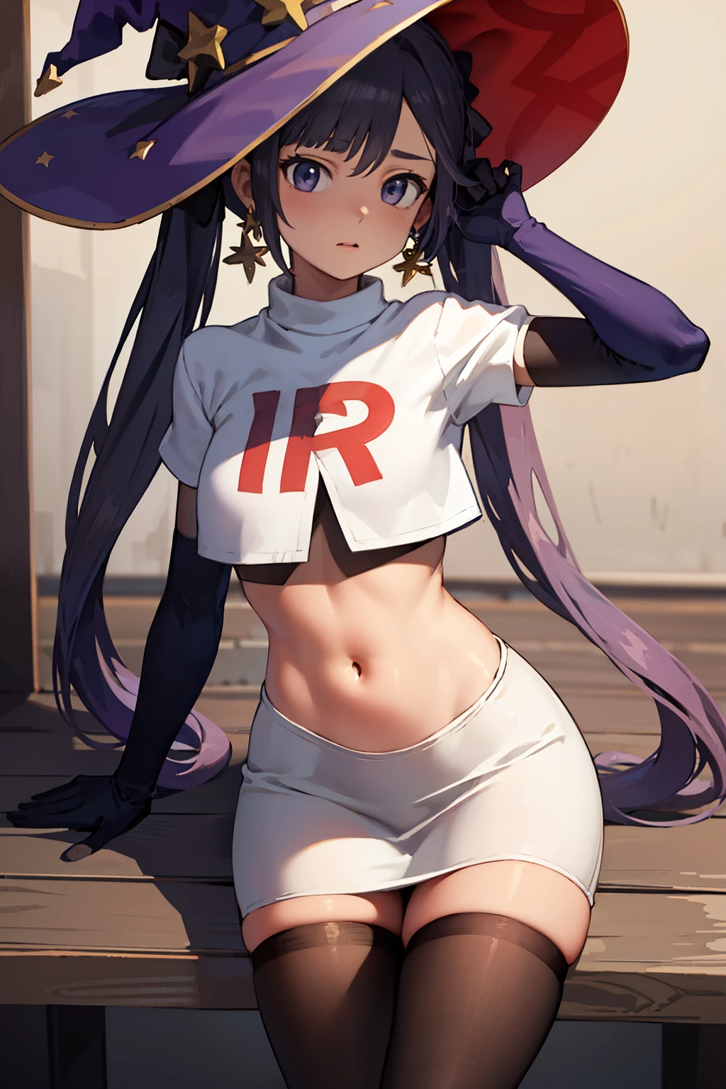 ((masterpiece,best quality)), team rocket,team rocket uniform, red letter R, white skirt,white crop top,black thigh-highs,black elbow gloves zettai ryouiki, aamona, long hair, twintails, hair ornament, black ribbon, earrings, witch hat, purple headwear, cowboy shot,