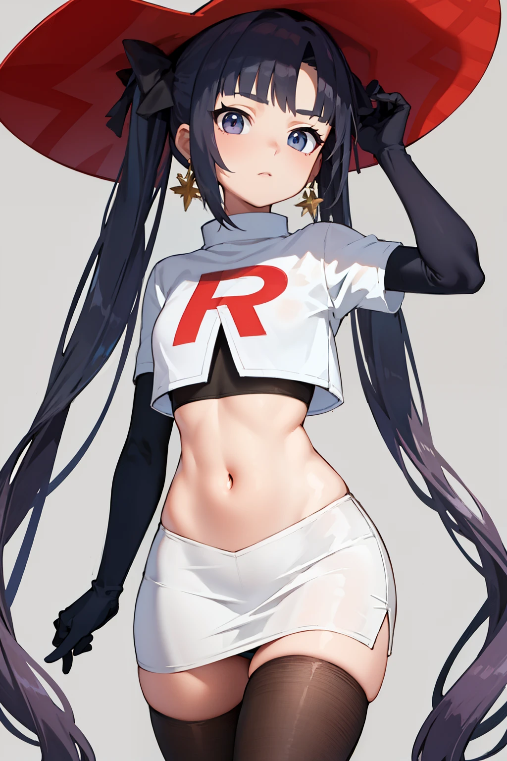 ((masterpiece,best quality)), team rocket,team rocket uniform, red letter R, white skirt,white crop top,black thigh-highs,black elbow gloves zettai ryouiki, aamona, long hair, twintails, hair ornament, black ribbon, earrings, witch hat, purple headwear, cowboy shot,