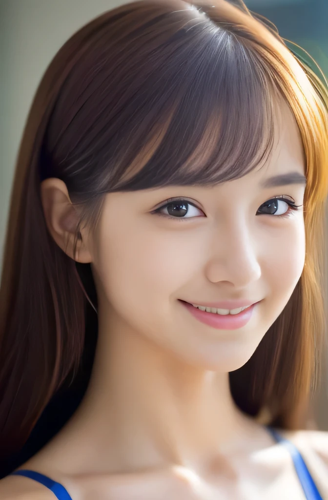 detailed eyes、slender body、body facing the viewer、(((high detal,high-detail、masterpiece,Attention to detail))),, Realistic Young Gravure Idol, Young Pretty Gravure Idol, ((wearing blue sports bra))、 , Beautiful girl ,,with a flushed face,,Beautiful woman natural light、,Semi-long,perm,Brown shiny hair,, まっすぐにstanding,cute smile, anatomically accurate body、((太ももから上の写真))、