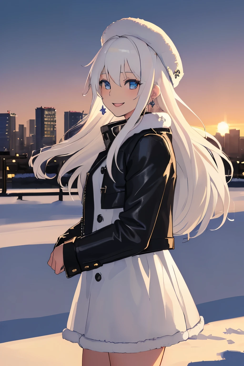 Chica anime, ((Masterpiece), top-quality, Top image quality, ((((solo)))), ((((white hair)))), long hair, fur hat, Beautiful blue eyes, Shining eyes, smile, teens girl, 18yo, cute, black leather jacket, floral onepiece, earrings, sunset, city, snow, winter, 8k