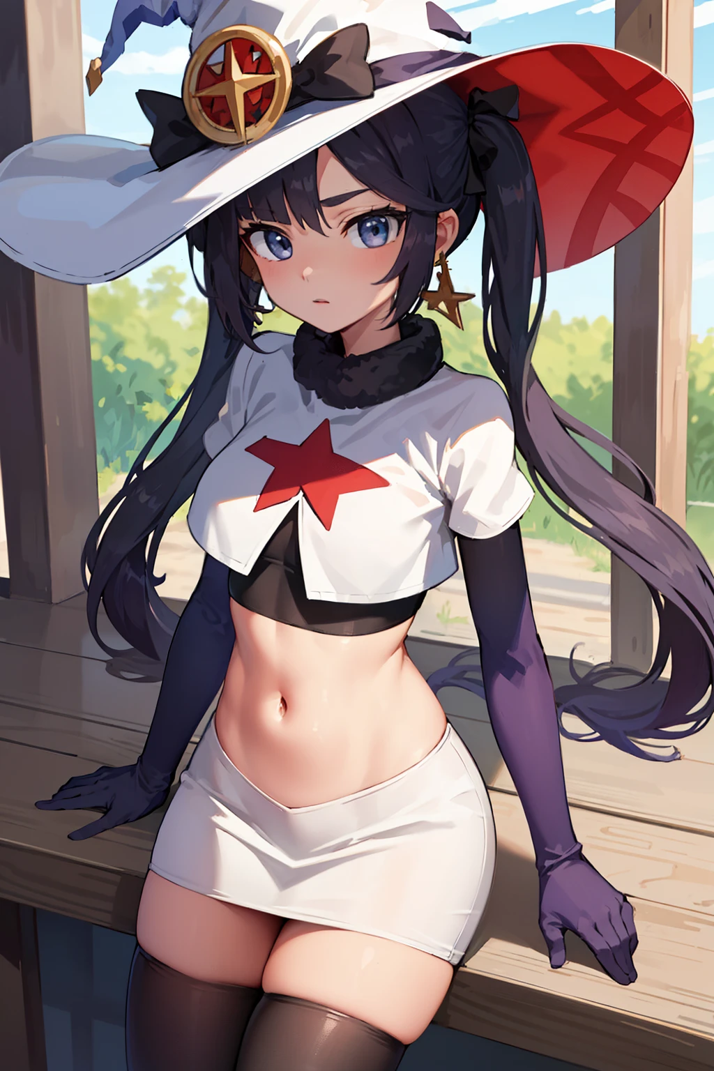 ((masterpiece,best quality)), team rocket,team rocket uniform, red letter R, white skirt,white crop top,black thigh-highs,black elbow gloves zettai ryouiki, aamona, long hair, twintails, hair ornament, black ribbon, earrings, witch hat, purple headwear, cowboy shot,