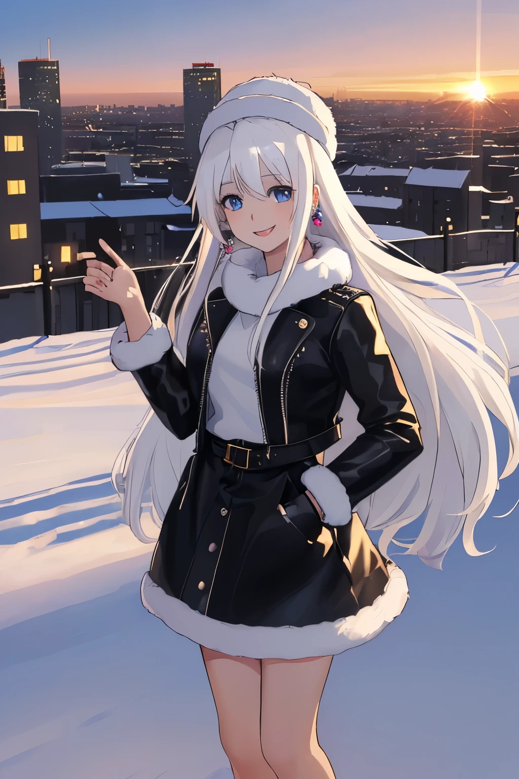 Chica anime, ((Masterpiece), top-quality, Top image quality, ((((solo)))), ((((white hair)))), long hair, fur hat, Beautiful blue eyes, Shining eyes, smile, teens girl, 18yo, cute, black leather jacket, floral onepiece, earrings, sunset, city, snow, winter, 8k