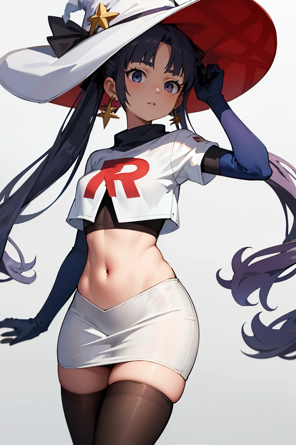 ((masterpiece,best quality)), team rocket,team rocket uniform, red letter R, white skirt,white crop top,black thigh-highs,black elbow gloves zettai ryouiki, aamona, long hair, twintails, hair ornament, black ribbon, earrings, witch hat, purple headwear, cowboy shot,