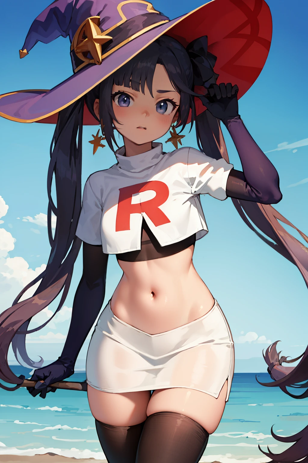 ((masterpiece,best quality)), team rocket,team rocket uniform, red letter R, white skirt,white crop top,black thigh-highs,black elbow gloves zettai ryouiki, aamona, long hair, twintails, hair ornament, black ribbon, earrings, witch hat, purple headwear, cowboy shot,