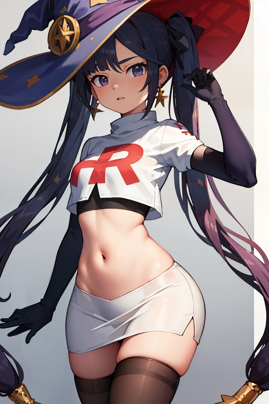 ((masterpiece,best quality)), team rocket,team rocket uniform, red letter R, white skirt,white crop top,black thigh-highs,black elbow gloves zettai ryouiki, aamona, long hair, twintails, hair ornament, black ribbon, earrings, witch hat, purple headwear, cowboy shot,