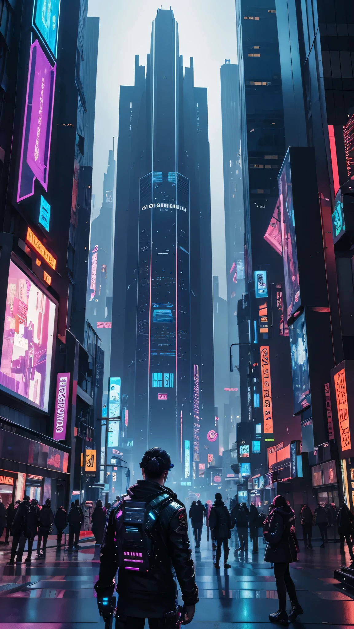 Illustrate a cyberpunk city where augmented reality interfaces seamlessly blend with the physical environment. Showcase citizens interacting with holographic displays.