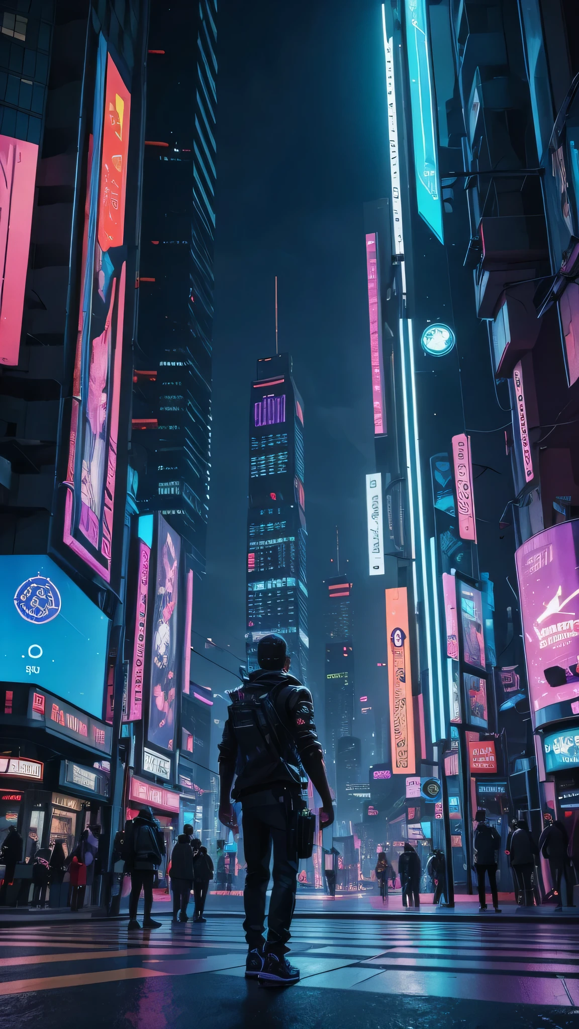 Illustrate a cyberpunk city where augmented reality interfaces seamlessly blend with the physical environment. Showcase citizens interacting with holographic displays.