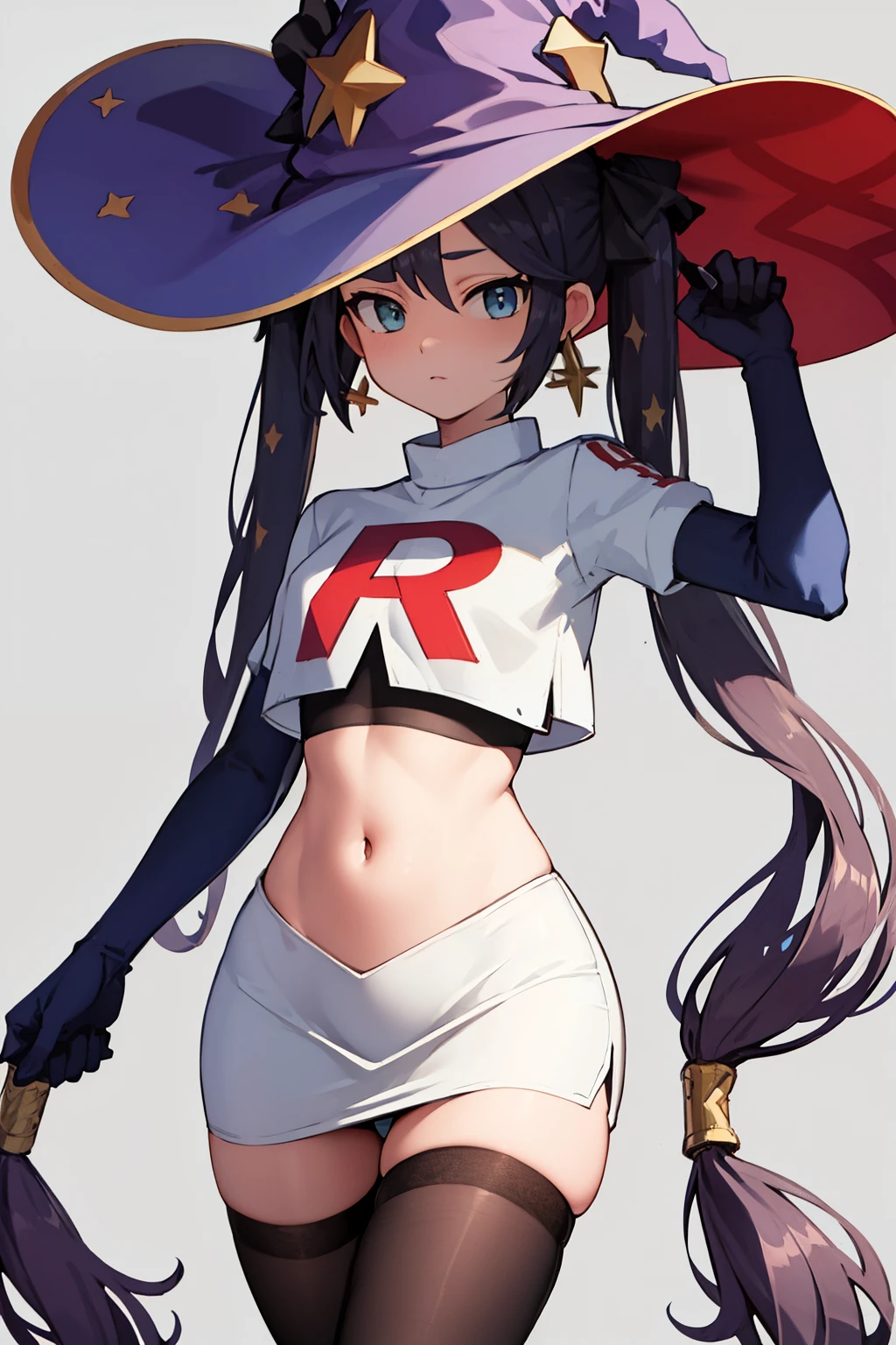 ((masterpiece,best quality)), team rocket,team rocket uniform, red letter R, white skirt,white crop top,black thigh-highs,black elbow gloves zettai ryouiki, aamona, long hair, twintails, hair ornament, black ribbon, earrings, witch hat, purple headwear, cowboy shot,