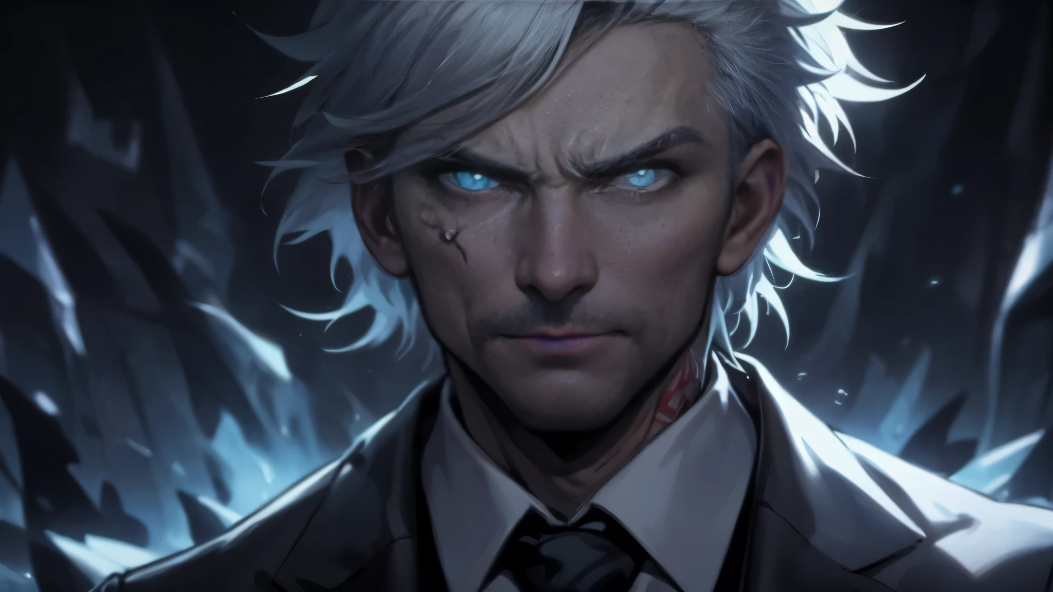 A man in a suit in a dark room,Ink Master, close up,Face,The background is the server